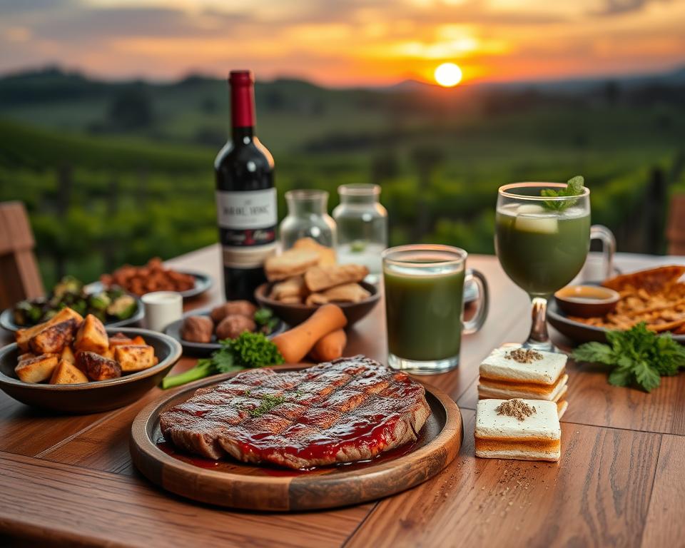 A beautifully arranged Argentinian meal celebrating traditional food pairing. In the foreground, display a wooden table adorned with a variety of delicious foods: a perfectly grilled steak with chimichurri sauce, roasted vegetables, and a side of alfajores dessert. In the middle, include a selection of drinks, such as a bottle of Malbec wine and a glass filled with a refreshing Yerba Mate, garnished with mint. In the background, softly blurred, add elements of the Argentinian countryside—a picturesque sunset, lush vineyards, and rolling hills. Use warm, ambient lighting to create a cozy, inviting atmosphere. The scene should evoke a sense of togetherness and enjoyment, perfect for a delightful dining experience. A beautifully arranged Argentinian meal celebrating traditional food pairing. In the foreground, display a wooden table adorned with a variety of delicious foods: a perfectly grilled steak with chimichurri sauce, roasted vegetables, and a side of alfajores dessert. In the middle, include a selection of drinks, such as a bottle of Malbec wine and a glass filled with a refreshing Yerba Mate, garnished with mint. In the background, softly blurred, add elements of the Argentinian countryside—a picturesque sunset, lush vineyards, and rolling hills. Use warm, ambient lighting to create a cozy, inviting atmosphere. The scene should evoke a sense of togetherness and enjoyment, perfect for a delightful dining experience.