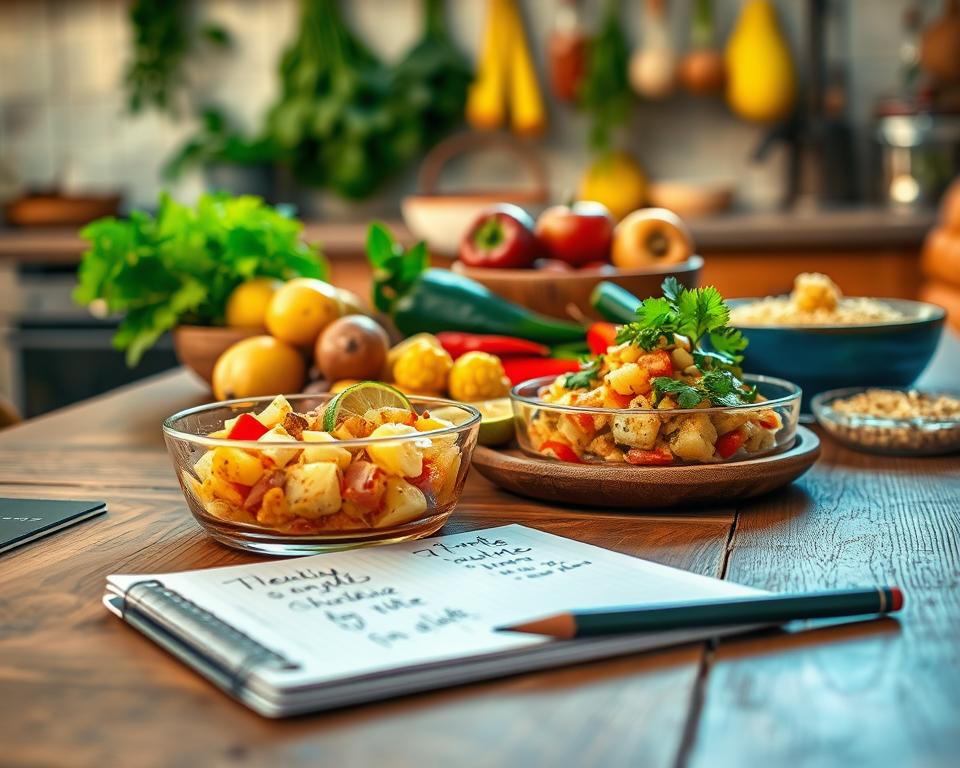 A beautifully arranged Peruvian menu planning scene set on a rustic wooden table. In the foreground, a traditional Peruvian dish like ceviche is artfully presented in a glass bowl, garnished with fresh cilantro and lime. Next to it, there's a colorful spread of ingredients such as potatoes, corn, peppers, and quinoa, illustrating the variety of textures and colors in Peruvian cuisine. The middle ground features a notepad and pencil, with handwritten notes for meal prep, evoking a sense of organization and planning. The background reveals a softly lit kitchen with hanging herbs and spices. Warm, inviting tones create a cozy atmosphere, suggesting a passionate and beginner-friendly approach to Peruvian cooking. Use natural lighting to enhance the freshness of the ingredients, shot from a slightly elevated angle. A beautifully arranged Peruvian menu planning scene set on a rustic wooden table. In the foreground, a traditional Peruvian dish like ceviche is artfully presented in a glass bowl, garnished with fresh cilantro and lime. Next to it, there's a colorful spread of ingredients such as potatoes, corn, peppers, and quinoa, illustrating the variety of textures and colors in Peruvian cuisine. The middle ground features a notepad and pencil, with handwritten notes for meal prep, evoking a sense of organization and planning. The background reveals a softly lit kitchen with hanging herbs and spices. Warm, inviting tones create a cozy atmosphere, suggesting a passionate and beginner-friendly approach to Peruvian cooking. Use natural lighting to enhance the freshness of the ingredients, shot from a slightly elevated angle.