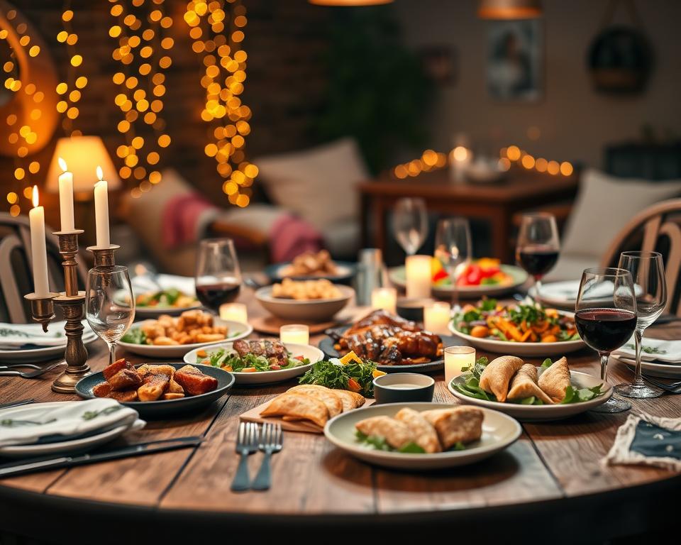 A beautifully arranged dinner table set for a cozy dinner party, featuring traditional Argentinian dishes like asado, empanadas, and chimichurri sauce. In the foreground, a rustic wooden table adorned with elegant tableware, candlelight creating a warm glow, and vibrant Argentinian decorations. In the middle, a selection of colorful platters showcasing grilled meats, fresh salads, and a bottle of Malbec wine. In the background, soft bokeh of warm fairy lights and casual seating, suggesting a friendly atmosphere. The scene is illuminated by soft, ambient lighting from above, enhancing the inviting mood of an authentic Argentine evening. The setting is intimate and joyous, perfect for hosting guests. A beautifully arranged dinner table set for a cozy dinner party, featuring traditional Argentinian dishes like asado, empanadas, and chimichurri sauce. In the foreground, a rustic wooden table adorned with elegant tableware, candlelight creating a warm glow, and vibrant Argentinian decorations. In the middle, a selection of colorful platters showcasing grilled meats, fresh salads, and a bottle of Malbec wine. In the background, soft bokeh of warm fairy lights and casual seating, suggesting a friendly atmosphere. The scene is illuminated by soft, ambient lighting from above, enhancing the inviting mood of an authentic Argentine evening. The setting is intimate and joyous, perfect for hosting guests.