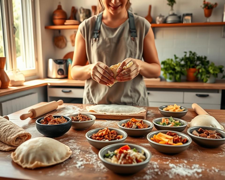 A beautifully arranged kitchen scene showcasing the process of making empanadas. In the foreground, a wooden table is covered with fresh dough, rolling pins, and an assortment of fillings like seasoned meat, cheese, and vegetables, artistically displayed in small bowls. In the middle, a person in modest casual clothing is skillfully folding an empanada, their hands dusted with flour, expressing concentration and joy. The kitchen is bright and airy, with warm sunlight streaming in through a window, casting soft shadows and enhancing the inviting atmosphere. In the background, shelves are lined with traditional Argentine cooking utensils, and herbs are neatly potted, adding vibrant green colors to the scene. The overall mood is cozy and welcoming, emphasizing the joy of cooking authentic Argentine cuisine at home. A beautifully arranged kitchen scene showcasing the process of making empanadas. In the foreground, a wooden table is covered with fresh dough, rolling pins, and an assortment of fillings like seasoned meat, cheese, and vegetables, artistically displayed in small bowls. In the middle, a person in modest casual clothing is skillfully folding an empanada, their hands dusted with flour, expressing concentration and joy. The kitchen is bright and airy, with warm sunlight streaming in through a window, casting soft shadows and enhancing the inviting atmosphere. In the background, shelves are lined with traditional Argentine cooking utensils, and herbs are neatly potted, adding vibrant green colors to the scene. The overall mood is cozy and welcoming, emphasizing the joy of cooking authentic Argentine cuisine at home.