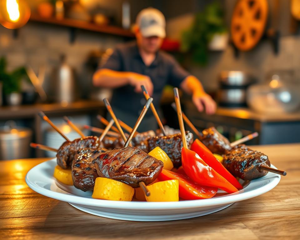 A beautifully arranged plate of anticuchos, featuring marinated beef heart skewers, perfectly grilled to a tender, juicy finish. Juicy red peppers and yellow potatoes are artfully placed alongside the skewers, glistening with grill marks. The foreground includes a simple wooden table, enhancing the rustic street food vibe. In the background, a cozy kitchen setting is depicted, with warm, inviting lighting casting a golden hue over the scene. A skillful cook, dressed in modest casual clothing, can be seen in the blurry middle ground, tending to the grill with care. The atmosphere is vibrant and lively, evoking the essence of Peruvian street food culture. The focus is sharp on the dish, while the background and middle layers provide a warm, homey context without distractions. A beautifully arranged plate of anticuchos, featuring marinated beef heart skewers, perfectly grilled to a tender, juicy finish. Juicy red peppers and yellow potatoes are artfully placed alongside the skewers, glistening with grill marks. The foreground includes a simple wooden table, enhancing the rustic street food vibe. In the background, a cozy kitchen setting is depicted, with warm, inviting lighting casting a golden hue over the scene. A skillful cook, dressed in modest casual clothing, can be seen in the blurry middle ground, tending to the grill with care. The atmosphere is vibrant and lively, evoking the essence of Peruvian street food culture. The focus is sharp on the dish, while the background and middle layers provide a warm, homey context without distractions.