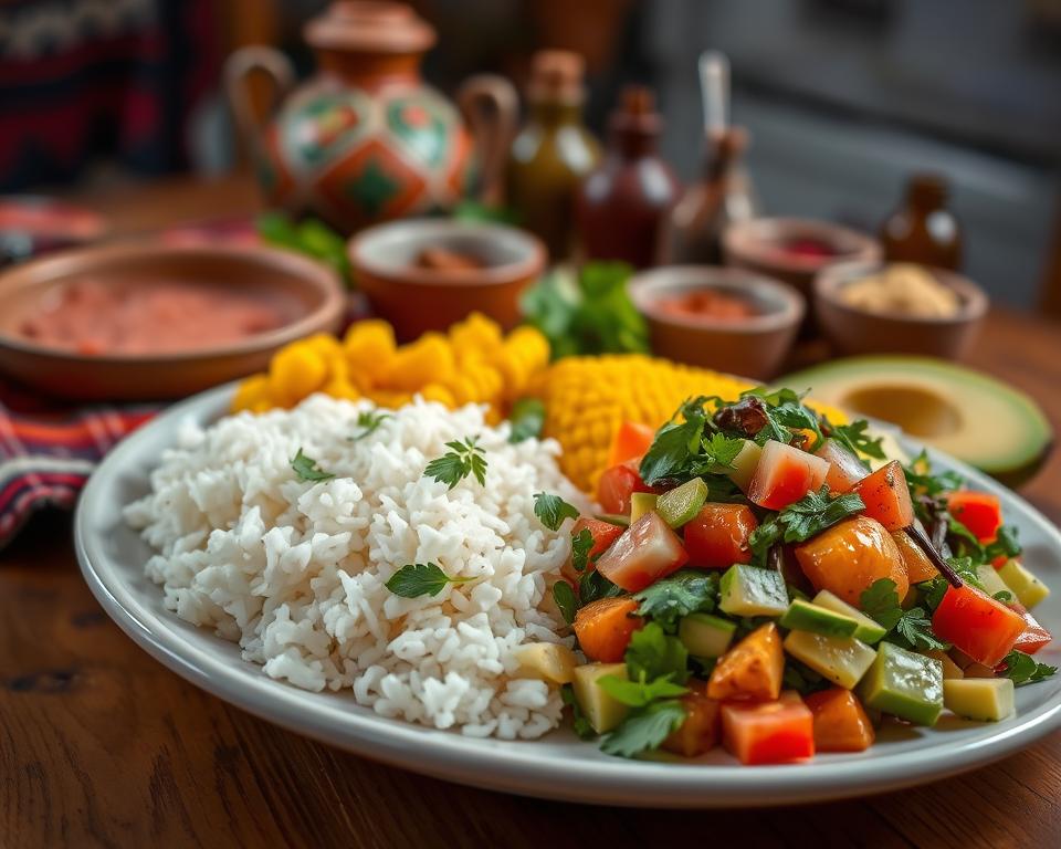 A beautifully arranged plate of traditional Peruvian side dishes featuring fluffy white rice, golden roasted potatoes, vibrant yellow corn, and a fresh salad with mixed greens, diced tomatoes, and avocado. In the foreground, the plate is artistically garnished with fresh herbs and lime wedges. The middle ground includes a rustic wooden table setting complemented by colorful textiles, capturing the essence of Peruvian culture. In the background, soft diffused lighting creates a warm and inviting atmosphere, with hints of traditional Peruvian pottery and spices subtly blurred. The scene conveys a sense of homely comfort and culinary delight, inviting viewers to explore the rich flavors of Peruvian cuisine. A beautifully arranged plate of traditional Peruvian side dishes featuring fluffy white rice, golden roasted potatoes, vibrant yellow corn, and a fresh salad with mixed greens, diced tomatoes, and avocado. In the foreground, the plate is artistically garnished with fresh herbs and lime wedges. The middle ground includes a rustic wooden table setting complemented by colorful textiles, capturing the essence of Peruvian culture. In the background, soft diffused lighting creates a warm and inviting atmosphere, with hints of traditional Peruvian pottery and spices subtly blurred. The scene conveys a sense of homely comfort and culinary delight, inviting viewers to explore the rich flavors of Peruvian cuisine.