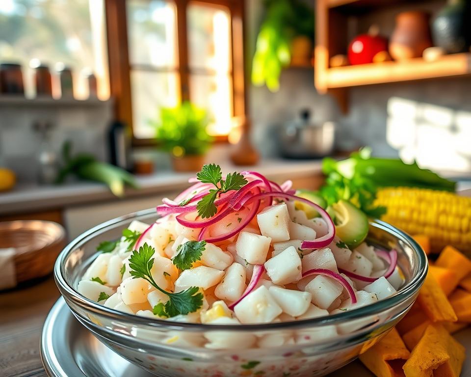 A beautifully arranged plate of traditional ceviche as the focal point, featuring fresh, diced white fish marinated in citrus juices, elegantly garnished with thinly sliced red onions, cilantro, and bright green avocado slices. The ceviche is served in a clear glass bowl, with colorful side ingredients like corn kernels and sweet potato nearby, creating a vibrant contrast. In the background, a softly lit kitchen with rustic wooden shelves filled with spices and fresh vegetables, enhancing the home-cooking atmosphere. Natural light filters through a nearby window, creating warm highlights and shadows that evoke a welcoming, inviting mood. The scene is captured from a slight overhead angle, emphasizing the exquisite presentation of this classic Peruvian dish. A beautifully arranged plate of traditional ceviche as the focal point, featuring fresh, diced white fish marinated in citrus juices, elegantly garnished with thinly sliced red onions, cilantro, and bright green avocado slices. The ceviche is served in a clear glass bowl, with colorful side ingredients like corn kernels and sweet potato nearby, creating a vibrant contrast. In the background, a softly lit kitchen with rustic wooden shelves filled with spices and fresh vegetables, enhancing the home-cooking atmosphere. Natural light filters through a nearby window, creating warm highlights and shadows that evoke a welcoming, inviting mood. The scene is captured from a slight overhead angle, emphasizing the exquisite presentation of this classic Peruvian dish.
