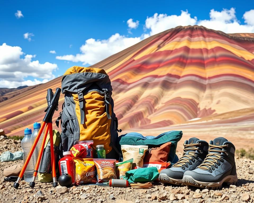 A beautifully arranged scene depicting essential hiking gear on the vibrant, multicolored slopes of Rainbow Mountain in Peru. In the foreground, a neatly organized pack list includes items like a sturdy backpack, trekking poles, water bottles, snacks, and a pair of hiking boots, all freshly illuminated by bright sunlight. In the middle ground, the iconic layered colors of the mountain rise majestically, showcasing hues of red, yellow, and green. The background features a clear blue sky with scattered clouds. The atmosphere is lively and adventurous, capturing the essence of an exciting hike. The lighting highlights the textures of the gear and the stunning landscape, creating a sense of exploration and readiness for adventure. A beautifully arranged scene depicting essential hiking gear on the vibrant, multicolored slopes of Rainbow Mountain in Peru. In the foreground, a neatly organized pack list includes items like a sturdy backpack, trekking poles, water bottles, snacks, and a pair of hiking boots, all freshly illuminated by bright sunlight. In the middle ground, the iconic layered colors of the mountain rise majestically, showcasing hues of red, yellow, and green. The background features a clear blue sky with scattered clouds. The atmosphere is lively and adventurous, capturing the essence of an exciting hike. The lighting highlights the textures of the gear and the stunning landscape, creating a sense of exploration and readiness for adventure.