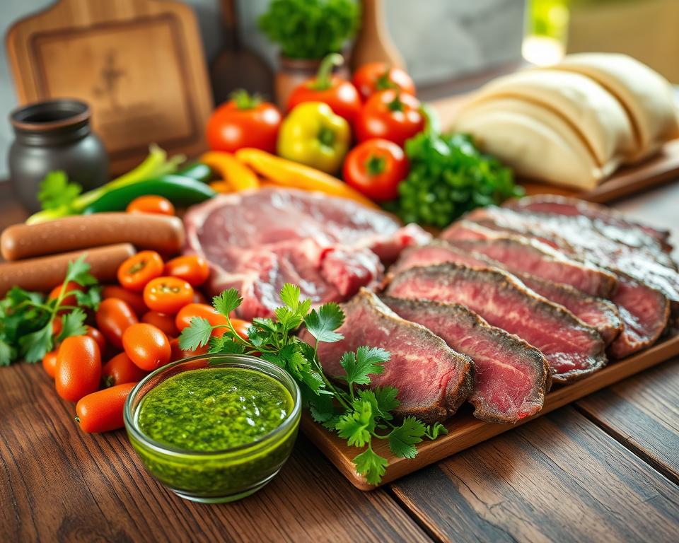 A beautifully arranged selection of authentic Argentine ingredients on a rustic wooden table. In the foreground, vibrant green chimichurri sauce in a small bowl, alongside fresh herbs like cilantro and parsley. Juicy slabs of steak and chorizo display their rich marbling. A colorful array of peppers and tomatoes complements the meat, while empanada dough rests elegantly rolled out. In the background, rustic kitchen tools and a warm wooden cutting board add charm. Soft, golden afternoon light floods the scene, highlighting the textures and colors of the ingredients. The atmosphere is inviting and homey, capturing the essence of cooking at home with Argentinian flair. A beautifully arranged selection of authentic Argentine ingredients on a rustic wooden table. In the foreground, vibrant green chimichurri sauce in a small bowl, alongside fresh herbs like cilantro and parsley. Juicy slabs of steak and chorizo display their rich marbling. A colorful array of peppers and tomatoes complements the meat, while empanada dough rests elegantly rolled out. In the background, rustic kitchen tools and a warm wooden cutting board add charm. Soft, golden afternoon light floods the scene, highlighting the textures and colors of the ingredients. The atmosphere is inviting and homey, capturing the essence of cooking at home with Argentinian flair.