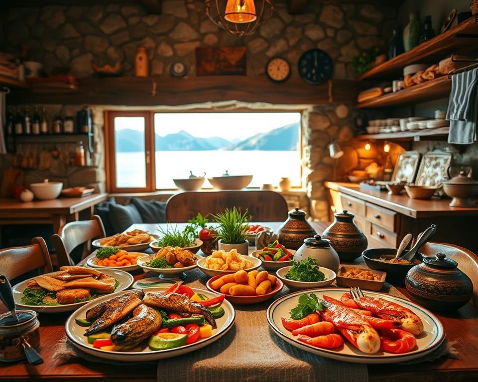 A beautifully arranged table in a cozy, rustic Patagonian kitchen, showcasing a variety of traditional dishes. In the foreground, a colorful spread of fresh seafood, such as grilled fish and shrimp, alongside vibrant vegetables and herbs, beautifully plated. In the middle, a warm wooden table set with elegant, handcrafted ceramics and a rustic tablecloth, enhancing the inviting atmosphere. In the background, a charming stone fireplace and wooden shelves filled with local spices and artisan ingredients, softly lit by warm, ambient lighting. A window reveals the stunning Nahuel Huapi Lake outside, with light streaming in, creating an inviting, homey feel. The overall mood is one of comfort and culinary delight, reflecting the rich gastronomic culture of Patagonia. A beautifully arranged table in a cozy, rustic Patagonian kitchen, showcasing a variety of traditional dishes. In the foreground, a colorful spread of fresh seafood, such as grilled fish and shrimp, alongside vibrant vegetables and herbs, beautifully plated. In the middle, a warm wooden table set with elegant, handcrafted ceramics and a rustic tablecloth, enhancing the inviting atmosphere. In the background, a charming stone fireplace and wooden shelves filled with local spices and artisan ingredients, softly lit by warm, ambient lighting. A window reveals the stunning Nahuel Huapi Lake outside, with light streaming in, creating an inviting, homey feel. The overall mood is one of comfort and culinary delight, reflecting the rich gastronomic culture of Patagonia.