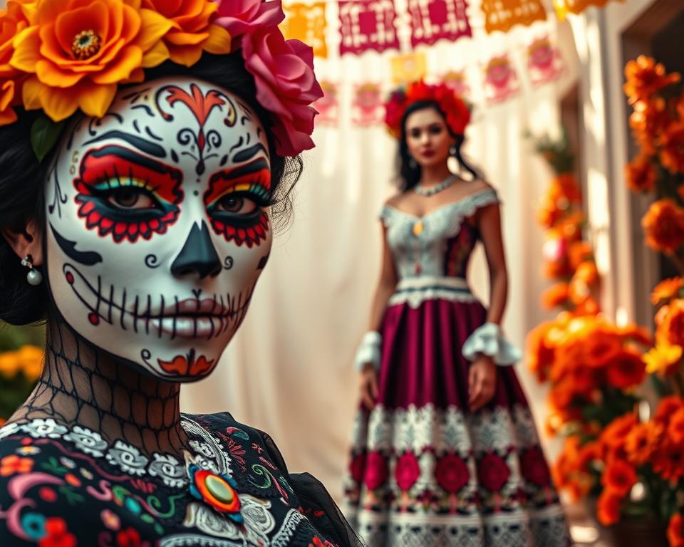 A beautifully detailed La Catrina make-up look, showcasing vibrant colors and intricate patterns. In the foreground, emphasize the skull makeup with dark eyeliner, bright floral accents, and finely painted details, capturing the essence of traditional Día de los Muertos aesthetics. The middle ground features a model in a colorful, elegant dress reminiscent of Mexican folklore, adorned with lace and floral elements, standing gracefully. The background displays a softly lit, festive atmosphere with papel picado banners and marigold flowers, creating an inviting, celebratory mood. Use natural light to enhance the colors, with a shallow depth of field for a dreamy effect. Aim for a slightly elevated perspective, focusing on the make-up artistry and festive attire, evoking a sense of cultural celebration and respect. A beautifully detailed La Catrina make-up look, showcasing vibrant colors and intricate patterns. In the foreground, emphasize the skull makeup with dark eyeliner, bright floral accents, and finely painted details, capturing the essence of traditional Día de los Muertos aesthetics. The middle ground features a model in a colorful, elegant dress reminiscent of Mexican folklore, adorned with lace and floral elements, standing gracefully. The background displays a softly lit, festive atmosphere with papel picado banners and marigold flowers, creating an inviting, celebratory mood. Use natural light to enhance the colors, with a shallow depth of field for a dreamy effect. Aim for a slightly elevated perspective, focusing on the make-up artistry and festive attire, evoking a sense of cultural celebration and respect.