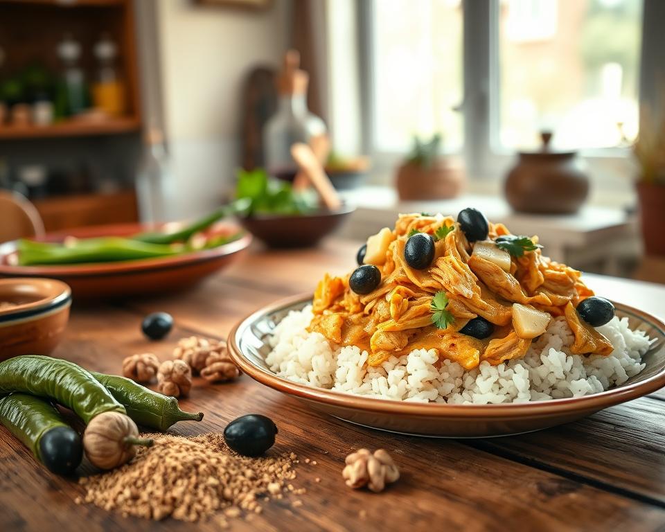 A beautifully plated dish of Ají de Gallina, showcasing tender shredded chicken in a creamy, golden-yellow sauce made from ají peppers, nuts, and cheese. The chicken should be placed over a bed of fluffy white rice, garnished with black olives and parsley for a touch of color. In the foreground, a rustic wooden table setting with traditional Peruvian ceramic dishes enhances the authenticity. In the middle ground, fresh ají peppers and ground walnuts are artfully arranged, hinting at the ingredients used. The background should feature a warm, softly lit kitchen atmosphere, with herbs and spices displayed neatly on a shelf. The overall mood is inviting and cozy, emphasizing the rich flavors of this classic Peruvian dish, captured in natural light from a nearby window, using a warm color palette to evoke a sense of home-cooked comfort. A beautifully plated dish of Ají de Gallina, showcasing tender shredded chicken in a creamy, golden-yellow sauce made from ají peppers, nuts, and cheese. The chicken should be placed over a bed of fluffy white rice, garnished with black olives and parsley for a touch of color. In the foreground, a rustic wooden table setting with traditional Peruvian ceramic dishes enhances the authenticity. In the middle ground, fresh ají peppers and ground walnuts are artfully arranged, hinting at the ingredients used. The background should feature a warm, softly lit kitchen atmosphere, with herbs and spices displayed neatly on a shelf. The overall mood is inviting and cozy, emphasizing the rich flavors of this classic Peruvian dish, captured in natural light from a nearby window, using a warm color palette to evoke a sense of home-cooked comfort.