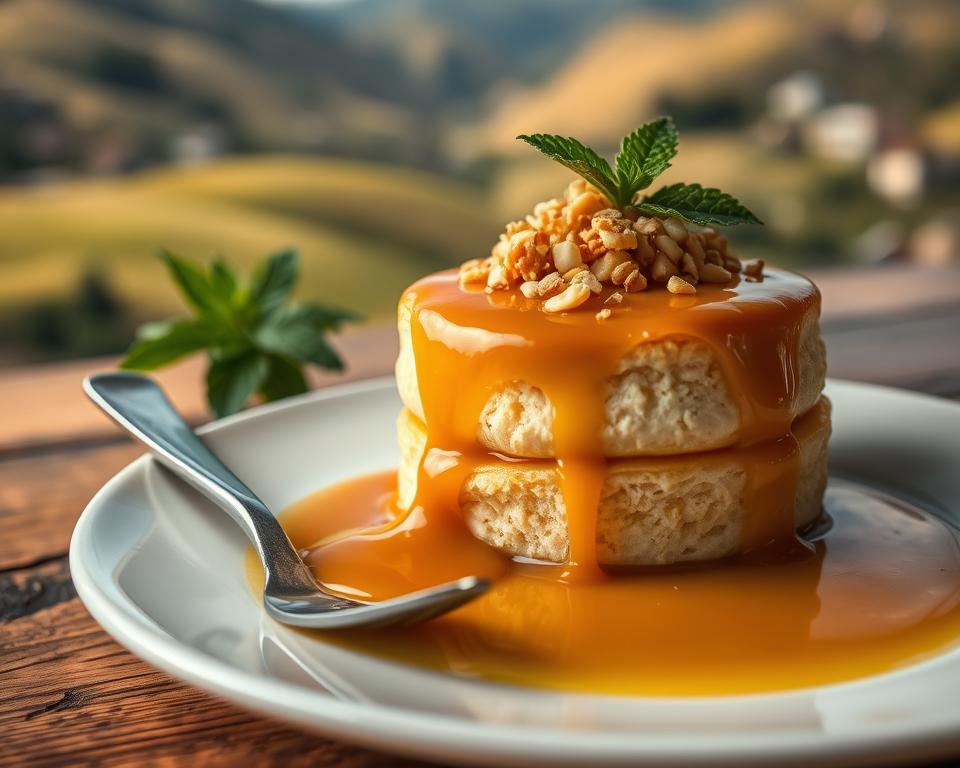 A beautifully plated dulce de leche dessert, featuring layers of creamy caramel flan, delicate sponge cake, and a generous drizzle of rich, golden dulce de leche. The dessert is garnished with a sprinkle of crushed nuts and fresh mint leaves for a pop of color. In the foreground, a silver fork rests beside the plate, hinting at indulgence. The middle ground showcases a rustic wooden table, enhancing the warm and inviting atmosphere. In the background, soft, diffused lighting creates a cozy ambiance with hints of a blurred Argentine landscape, such as rolling hills and quaint homes, evoking the essence of Argentina. The overall mood is indulgent, rich, and comforting, perfect for a sweet finale. A beautifully plated dulce de leche dessert, featuring layers of creamy caramel flan, delicate sponge cake, and a generous drizzle of rich, golden dulce de leche. The dessert is garnished with a sprinkle of crushed nuts and fresh mint leaves for a pop of color. In the foreground, a silver fork rests beside the plate, hinting at indulgence. The middle ground showcases a rustic wooden table, enhancing the warm and inviting atmosphere. In the background, soft, diffused lighting creates a cozy ambiance with hints of a blurred Argentine landscape, such as rolling hills and quaint homes, evoking the essence of Argentina. The overall mood is indulgent, rich, and comforting, perfect for a sweet finale.