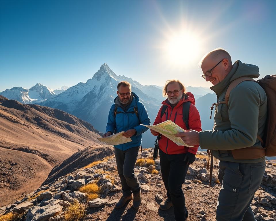 A breathtaking Andean trekking scene illustrating the importance of safety in high-altitude environments. In the foreground, a group of three trekkers, dressed in professional outdoor gear, assess their surroundings, pointing at a detailed map. Their expressions convey concentration and decision-making. The middle ground features rugged, steep mountain trails with scattered rocks and patches of green vegetation, indicating both beauty and potential hazards. In the background, towering snow-capped peaks loom under a clear blue sky, with the sun casting soft, golden light over the landscape, creating a warm yet adventurous atmosphere. The scene captures a moment of careful planning and risk assessment in the majestic high mountains of South America. A breathtaking Andean trekking scene illustrating the importance of safety in high-altitude environments. In the foreground, a group of three trekkers, dressed in professional outdoor gear, assess their surroundings, pointing at a detailed map. Their expressions convey concentration and decision-making. The middle ground features rugged, steep mountain trails with scattered rocks and patches of green vegetation, indicating both beauty and potential hazards. In the background, towering snow-capped peaks loom under a clear blue sky, with the sun casting soft, golden light over the landscape, creating a warm yet adventurous atmosphere. The scene captures a moment of careful planning and risk assessment in the majestic high mountains of South America.