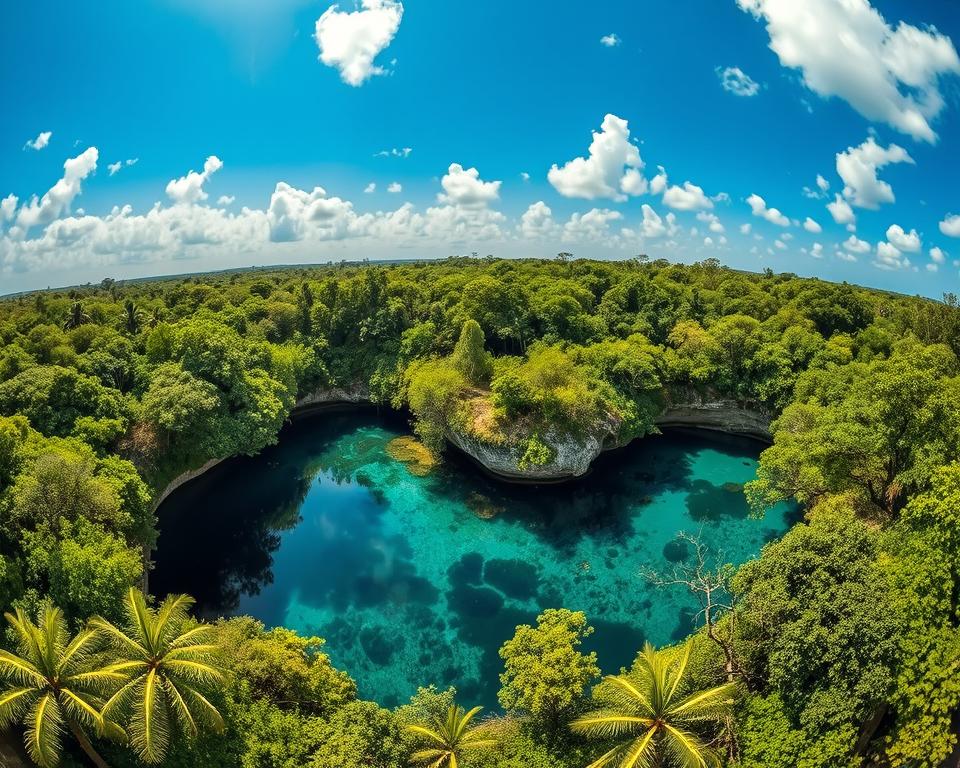 A breathtaking aerial view of the Cenotes in Yucatán, showcasing the unique sinkholes surrounded by lush tropical jungle. In the foreground, vibrant emerald green foliage borders crystal-clear turquoise water, inviting exploration. The middle ground features several striking cenotes, each with various depths and shapes, some partially shaded by overhanging trees. The background displays a serene blue sky dotted with soft, white clouds, creating a tranquil atmosphere. The sunlight filters through the canopy, casting dappled light on the water’s surface, enhancing the magical, mysterious feel of the scene. Capture this in a wide-angle lens perspective to convey the vastness of the Yucatán landscape. A breathtaking aerial view of the Cenotes in Yucatán, showcasing the unique sinkholes surrounded by lush tropical jungle. In the foreground, vibrant emerald green foliage borders crystal-clear turquoise water, inviting exploration. The middle ground features several striking cenotes, each with various depths and shapes, some partially shaded by overhanging trees. The background displays a serene blue sky dotted with soft, white clouds, creating a tranquil atmosphere. The sunlight filters through the canopy, casting dappled light on the water’s surface, enhancing the magical, mysterious feel of the scene. Capture this in a wide-angle lens perspective to convey the vastness of the Yucatán landscape.