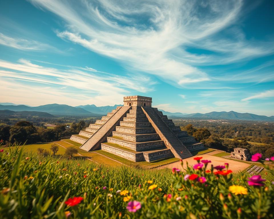 A breathtaking aerial view of the Cholula Pyramid, known as the Great Pyramid of Cholula, nestled in the verdant landscape of Puebla, Mexico. In the foreground, lush green fields and traditional Mexican flora frame the pyramid's base, showcasing its terraced structure. The middle ground presents the impressive pyramid, with its layers of ancient stone and earth, partially covered by vibrant wildflowers representing local culture. In the background, distant mountains bathe in soft golden sunlight, adding depth and majesty. The sky is a brilliant blue with wispy clouds, conveying a serene and enigmatic atmosphere. The scene is captured with a wide-angle lens perspective, emphasizing the grandeur and mystery of this historical site, inspiring intrigue about the myths and legends surrounding it. A breathtaking aerial view of the Cholula Pyramid, known as the Great Pyramid of Cholula, nestled in the verdant landscape of Puebla, Mexico. In the foreground, lush green fields and traditional Mexican flora frame the pyramid's base, showcasing its terraced structure. The middle ground presents the impressive pyramid, with its layers of ancient stone and earth, partially covered by vibrant wildflowers representing local culture. In the background, distant mountains bathe in soft golden sunlight, adding depth and majesty. The sky is a brilliant blue with wispy clouds, conveying a serene and enigmatic atmosphere. The scene is captured with a wide-angle lens perspective, emphasizing the grandeur and mystery of this historical site, inspiring intrigue about the myths and legends surrounding it.