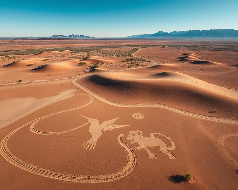 A breathtaking aerial view of the Nazca Lines, showcasing intricate geoglyphs etched into the arid desert landscape of Peru. In the foreground, focus on the stylized figures, such as the hummingbird and monkey, defined by deep brown earth and contrasting lighter sand tones. The middle ground features rolling dunes and sparse vegetation, emphasizing the starkness of the environment. In the background, distant mountains rise against a clear blue sky, reflecting the vastness of the Nazca region. Soft, warm sunlight bathes the scene, creating long shadows that enhance the lines' mysterious shapes. The overall mood is one of wonder and intrigue, inviting viewers to contemplate the ancient civilization that created these monumental designs. Capture this unique perspective from a slight aerial angle to convey the scale and artistry of the geoglyphs. A breathtaking aerial view of the Nazca Lines, showcasing intricate geoglyphs etched into the arid desert landscape of Peru. In the foreground, focus on the stylized figures, such as the hummingbird and monkey, defined by deep brown earth and contrasting lighter sand tones. The middle ground features rolling dunes and sparse vegetation, emphasizing the starkness of the environment. In the background, distant mountains rise against a clear blue sky, reflecting the vastness of the Nazca region. Soft, warm sunlight bathes the scene, creating long shadows that enhance the lines' mysterious shapes. The overall mood is one of wonder and intrigue, inviting viewers to contemplate the ancient civilization that created these monumental designs. Capture this unique perspective from a slight aerial angle to convey the scale and artistry of the geoglyphs.