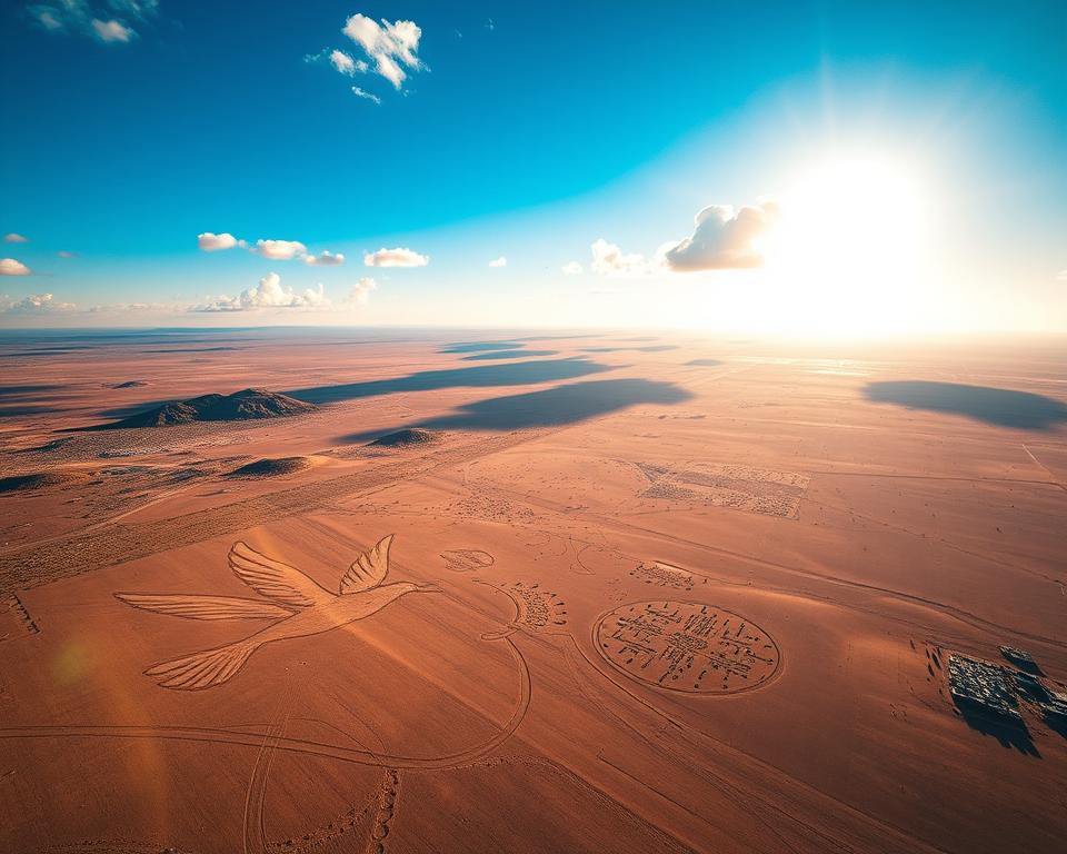 A breathtaking aerial view of the Nazca Lines, showcasing the intricate geoglyphs etched in the arid desert landscape of Peru. In the foreground, capture the delicate outline of the famous hummingbird and monkey figures, their forms highlighted by warm desert tones. In the middle ground, visualize sweeping views of the vast, barren desert interspersed with patches of sparse vegetation and occasionally rocky outcrops, framed by the endless horizon. The background features dramatic, sunlit clouds casting shadows over the expansive blue sky, enhancing the sense of mystery surrounding the lines. Soft, golden light suggests early morning or late afternoon, providing a serene, magical atmosphere. The perspective is slightly tilted, accentuating the depth of the scene and inviting the viewer to explore this enigmatic site from high above.