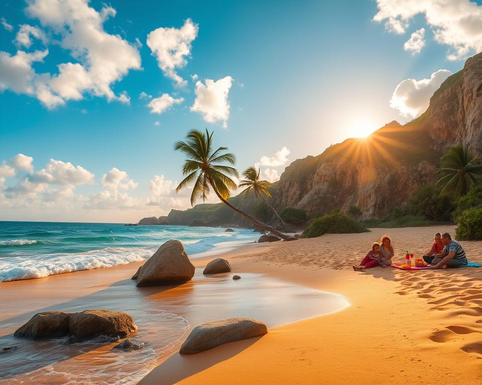 A breathtaking coastal view of Playa de la Solapa, capturing a pristine golden sandy beach gently caressed by turquoise waves. In the foreground, a few smooth, sun-bleached rocks dot the shoreline, while a family in modest casual clothing enjoys a picnic, their laughter echoing in the warm air. The middle ground features lush greenery, with palm trees swaying under a bright blue sky filled with soft, fluffy clouds. In the background, the rugged cliffs rise majestically, meeting the sea, with the sun setting on the horizon, casting a golden glow across the scene. The atmosphere is serene and inviting, perfectly embodying the idyllic vacation vibe of a dream beach destination, captured with a wide-angle lens for an expansive view and a warm, golden hour lighting that enhances the beauty. A breathtaking coastal view of Playa de la Solapa, capturing a pristine golden sandy beach gently caressed by turquoise waves. In the foreground, a few smooth, sun-bleached rocks dot the shoreline, while a family in modest casual clothing enjoys a picnic, their laughter echoing in the warm air. The middle ground features lush greenery, with palm trees swaying under a bright blue sky filled with soft, fluffy clouds. In the background, the rugged cliffs rise majestically, meeting the sea, with the sun setting on the horizon, casting a golden glow across the scene. The atmosphere is serene and inviting, perfectly embodying the idyllic vacation vibe of a dream beach destination, captured with a wide-angle lens for an expansive view and a warm, golden hour lighting that enhances the beauty.