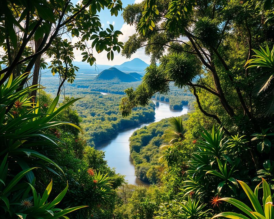 A breathtaking depiction of the Caribbean coastline of Costa Rica, showcasing the lush, vibrant landscape of Tortuguero National Park. In the foreground, dense tropical foliage brims with varied shades of green, interspersed with colorful flowers. A tranquil, winding river meanders through the middle, reflecting the azure sky. In the background, towering trees form a dense canopy, while distant hills rise gently against the horizon. The lighting is warm and inviting, with soft golden sunlight filtering through the leaves, casting dappled shadows on the ground. The atmosphere is serene and natural, conveying the essence of a hidden paradise teeming with wildlife, including turtles and exotic birds, inviting viewers to explore this stunning ecological haven. A breathtaking depiction of the Caribbean coastline of Costa Rica, showcasing the lush, vibrant landscape of Tortuguero National Park. In the foreground, dense tropical foliage brims with varied shades of green, interspersed with colorful flowers. A tranquil, winding river meanders through the middle, reflecting the azure sky. In the background, towering trees form a dense canopy, while distant hills rise gently against the horizon. The lighting is warm and inviting, with soft golden sunlight filtering through the leaves, casting dappled shadows on the ground. The atmosphere is serene and natural, conveying the essence of a hidden paradise teeming with wildlife, including turtles and exotic birds, inviting viewers to explore this stunning ecological haven.