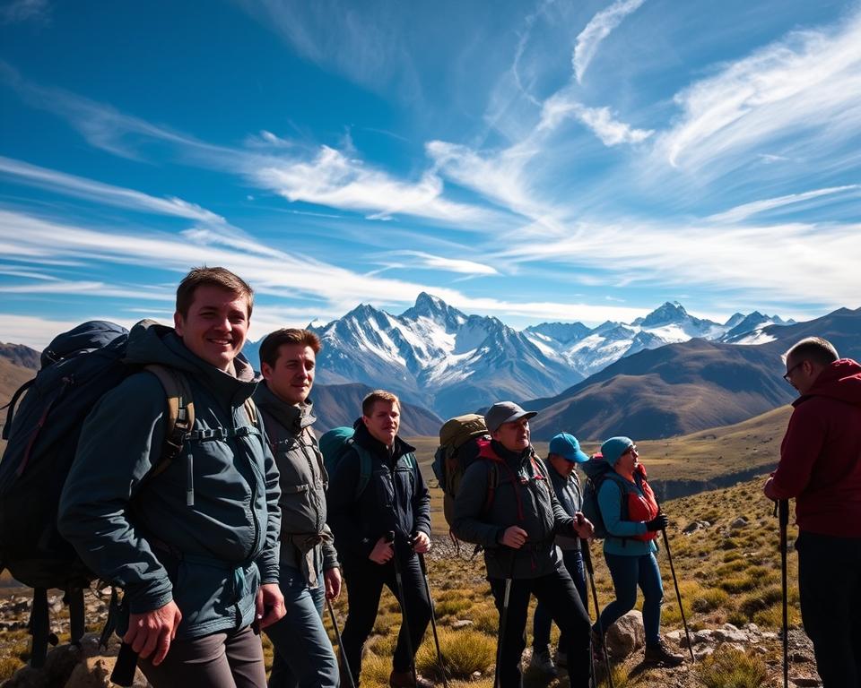 A breathtaking high-altitude landscape depicting the "Akklimatisation Anden" in the Andes Mountains, capturing the essence of acclimatization. In the foreground, a group of hikers in professional outdoor gear, equipped with hydration packs and trekking poles, pause to take in their surroundings, their expressions one of determination and focus. In the middle ground, gently sloping hills lead up to jagged peaks dusted with snow, illustrating the challenging terrain that requires careful acclimatization. The sky is a brilliant blue with wisps of clouds, casting soft, natural light that enhances the vibrant greens and earthy browns of the landscape. The overall mood is one of adventure and resilience, emphasizing the importance of acclimatization to prevent altitude sickness amid the rugged beauty of South America's high mountains. A breathtaking high-altitude landscape depicting the "Akklimatisation Anden" in the Andes Mountains, capturing the essence of acclimatization. In the foreground, a group of hikers in professional outdoor gear, equipped with hydration packs and trekking poles, pause to take in their surroundings, their expressions one of determination and focus. In the middle ground, gently sloping hills lead up to jagged peaks dusted with snow, illustrating the challenging terrain that requires careful acclimatization. The sky is a brilliant blue with wisps of clouds, casting soft, natural light that enhances the vibrant greens and earthy browns of the landscape. The overall mood is one of adventure and resilience, emphasizing the importance of acclimatization to prevent altitude sickness amid the rugged beauty of South America's high mountains.