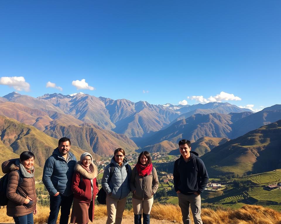 A breathtaking landscape of Peru's Sacred Valley at high altitude, showcasing the stunning Andean mountains in varying shades of green and brown. In the foreground, a friendly group of travelers in modest, professional outdoor attire, engaging with local health guidelines on altitude acclimatization. The middle ground features traditional Peruvian villages with terraced fields, while the background displays magnificent peaks under a clear blue sky, softly illuminated by golden afternoon sunlight. Incorporate gentle clouds for depth and texture, with a focus on the travelers' expressions of wonder and contemplation, encapsulating the mood of discovery and the importance of health in high altitudes. Aim for a wide-angle perspective that captures both the grandeur of nature and the human experience. A breathtaking landscape of Peru's Sacred Valley at high altitude, showcasing the stunning Andean mountains in varying shades of green and brown. In the foreground, a friendly group of travelers in modest, professional outdoor attire, engaging with local health guidelines on altitude acclimatization. The middle ground features traditional Peruvian villages with terraced fields, while the background displays magnificent peaks under a clear blue sky, softly illuminated by golden afternoon sunlight. Incorporate gentle clouds for depth and texture, with a focus on the travelers' expressions of wonder and contemplation, encapsulating the mood of discovery and the importance of health in high altitudes. Aim for a wide-angle perspective that captures both the grandeur of nature and the human experience.