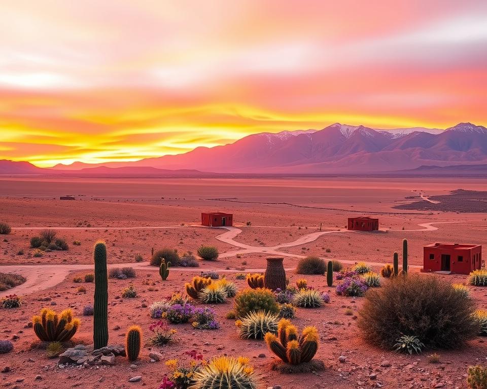 A breathtaking landscape of San Pedro de Atacama, showcasing the stunning altiplano desert under a vibrant sunset sky filled with hues of orange and pink. In the foreground, scattered cacti and delicate desert flowers add vivid colors to the arid terrain. The middle ground features winding dirt paths connecting charming adobe-style buildings, hinting at local culture and adventure. In the background, majestic mountains rise sharply, illuminated by the warm glow of the setting sun, with the Andes providing a dramatic backdrop. Soft, diffuse lighting creates a serene yet inspiring atmosphere, inviting the viewer to imagine the ideal journey. The image captures the essence of exploration and travel planning in this unique destination, devoid of any text or human figures.