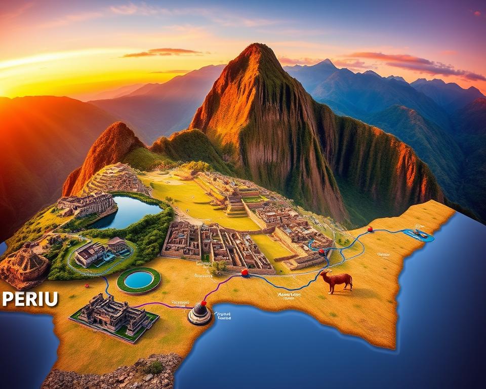 A breathtaking map of a travel route through Peru showcasing landmarks and scenic landscapes. In the foreground, include vibrant visual representations of key destinations such as Machu Picchu, Lake Titicaca, and the Amazon rainforest. In the middle ground, depict winding paths and roads connecting these sites, with lush greenery and the Andes mountains framing the sides. The background features a stunning sunset casting warm orange and purple hues, creating a serene atmosphere. Use a wide-angle lens effect to capture the expanse of the landscape and enhance depth. The mood should evoke a sense of adventure and exploration, inviting viewers to envision their journey through this captivating country.