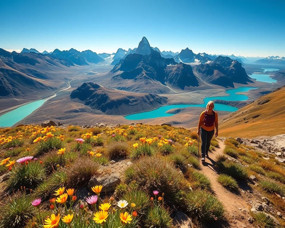 A breathtaking overview of Torres del Paine National Park, capturing its dramatic landscape. In the foreground, vibrant wildflowers bloom amidst rugged terrain, while intrepid hikers in modest casual clothing traverse a winding trail, showcasing a sense of adventure. The middle ground features the iconic granite peaks of the Torres del Paine, rising majestically against a clear blue sky. The background reveals expansive valleys and glacial lakes, reflecting hues of turquoise and emerald. Soft, golden sunlight bathes the scene, enhancing the park's natural beauty and creating a warm, inviting atmosphere. The image should be taken from a high vantage point, showcasing the vastness of the park, with a slight upward angle to emphasize the towering mountains. A breathtaking overview of Torres del Paine National Park, capturing its dramatic landscape. In the foreground, vibrant wildflowers bloom amidst rugged terrain, while intrepid hikers in modest casual clothing traverse a winding trail, showcasing a sense of adventure. The middle ground features the iconic granite peaks of the Torres del Paine, rising majestically against a clear blue sky. The background reveals expansive valleys and glacial lakes, reflecting hues of turquoise and emerald. Soft, golden sunlight bathes the scene, enhancing the park's natural beauty and creating a warm, inviting atmosphere. The image should be taken from a high vantage point, showcasing the vastness of the park, with a slight upward angle to emphasize the towering mountains.