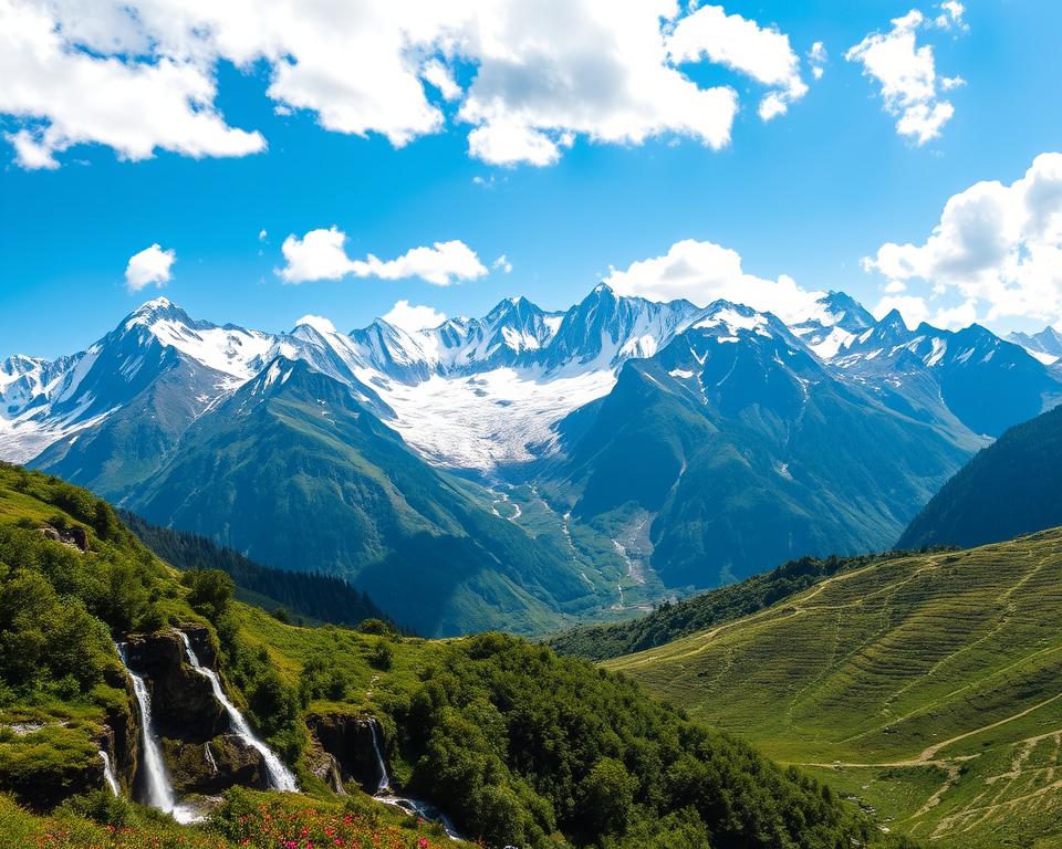 A breathtaking overview of the Andean Mountain regions in South America. In the foreground, lush green valleys with cascading waterfalls and vibrant wildflowers, showcasing the region's rich biodiversity. The middle ground features the towering snow-capped peaks of the Andes, rugged and majestic, with patches of glacier reflecting the sunlight. The background consists of a clear blue sky, dotted with fluffy white clouds, lending depth to the scene. Natural sunlight bathes the landscape in a warm glow, highlighting the textures of the mountains and valleys. Capture this panoramic vista using a wide-angle lens to emphasize the scale and beauty of the high-altitude environment, evoking a sense of adventure and discovery within the viewer. A breathtaking overview of the Andean Mountain regions in South America. In the foreground, lush green valleys with cascading waterfalls and vibrant wildflowers, showcasing the region's rich biodiversity. The middle ground features the towering snow-capped peaks of the Andes, rugged and majestic, with patches of glacier reflecting the sunlight. The background consists of a clear blue sky, dotted with fluffy white clouds, lending depth to the scene. Natural sunlight bathes the landscape in a warm glow, highlighting the textures of the mountains and valleys. Capture this panoramic vista using a wide-angle lens to emphasize the scale and beauty of the high-altitude environment, evoking a sense of adventure and discovery within the viewer.