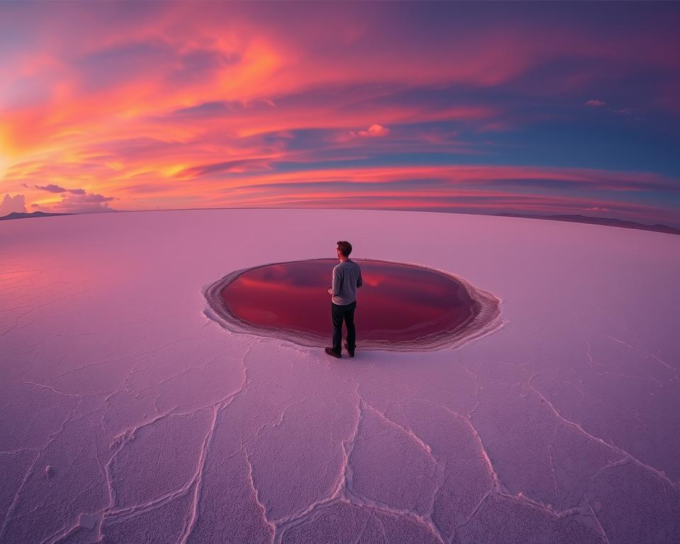 A breathtaking panorama of the Uyuni Salar in Bolivia during dusk, capturing the reflective expanse of salt flats that stretch endlessly into the horizon. In the foreground, delicate patterns of crystallized salt create intricate textures, while the middle ground features a calm pool of water mirroring the vibrant hues of the sunset -- deep oranges, purples, and soft pinks blending seamlessly. Silhouetted against this stunning backdrop, a lone traveler in modest casual attire stands, gazing in awe at the scenery, evoking a sense of wonder and exploration. The sky is dotted with a few wispy clouds, catching the magical colors of twilight. Shot using a wide-angle lens for a captivating perspective, with soft, diffused lighting enhancing the tranquil atmosphere. This image encapsulates the mesmerizing beauty of Uyuni Salar, inviting viewers to experience its enchantment.