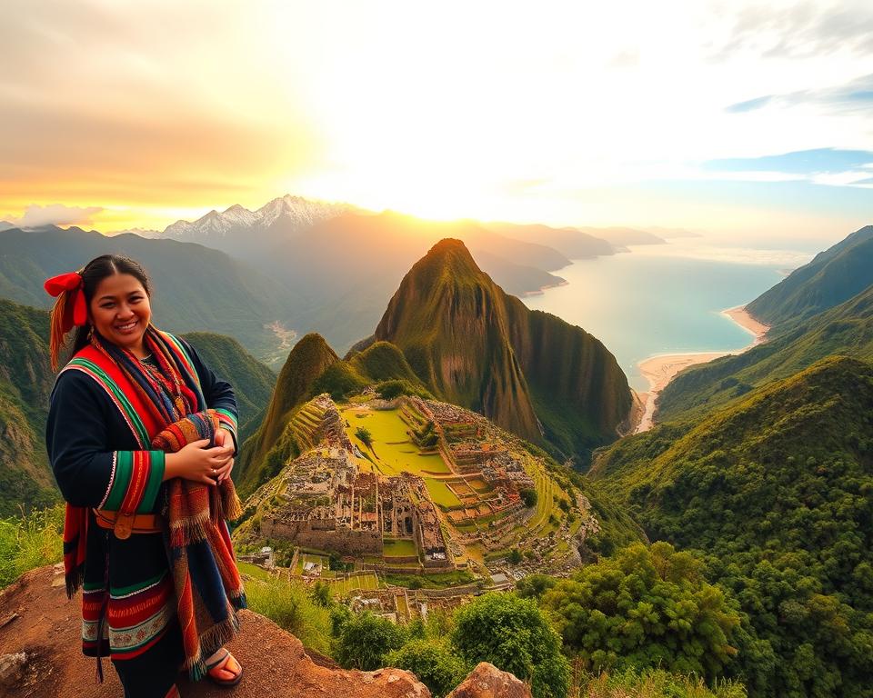 A breathtaking panoramic view of Peru's diverse landscapes showcasing the highlights of a round trip through the country. In the foreground, an indigenous Andean woman in traditional attire stands proudly, holding colorful textiles. The middle ground features the majestic Andes mountains with their snow-capped peaks, while lush green valleys cradle hidden villages. To the right, the serene coastline with golden beaches meets the azure Pacific Ocean, and on the left, the vibrant Amazon rainforest stretches out, full of rich green foliage. The sky is painted with a warm, golden sunset, casting a gentle light on the scenery, creating an inviting, adventurous atmosphere. The angle captures the vastness of these landscapes harmoniously blending together, embodying the spirit of Peru’s varied geography.