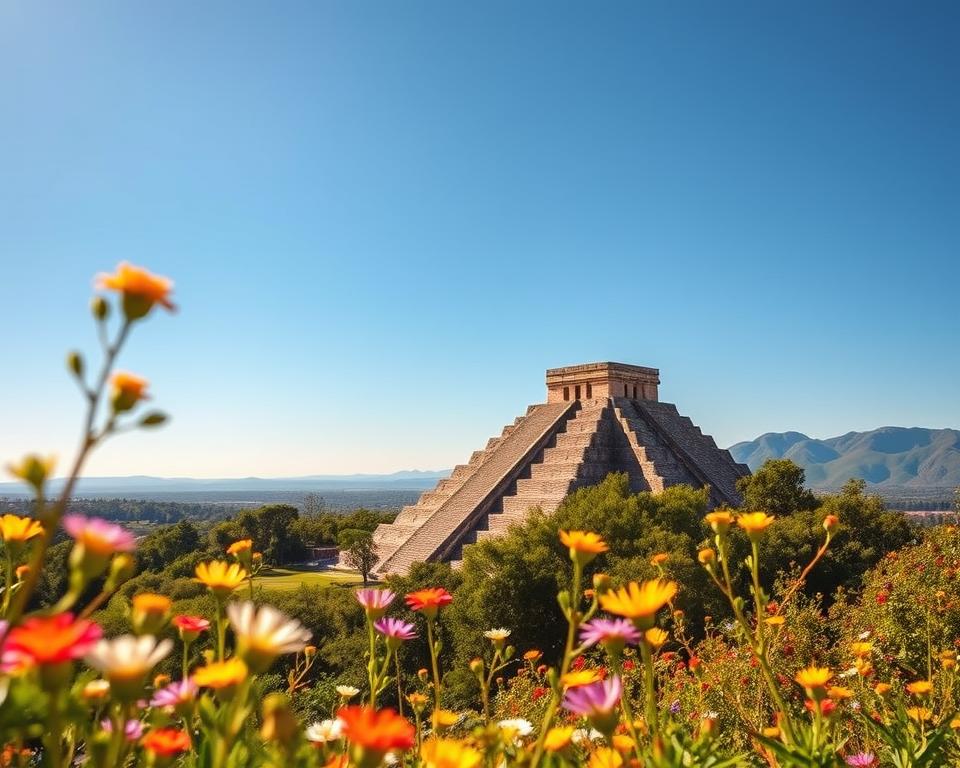 A breathtaking panoramic view of the Cholula Pyramid during the ideal travel season, showcasing vibrant green landscapes under a clear blue sky. In the foreground, delicate wildflowers bloom in a variety of colors, adding a touch of life. The middle ground focuses on the majestic pyramid, bathed in warm golden sunlight, highlighting its ancient architecture. Show the pyramid partially surrounded by lush trees, their leaves rustling gently in a light breeze, enhancing the serene atmosphere. In the background, the distant mountains rise against the horizon, emphasizing the region's natural beauty. Capture the scene in soft, diffused light for a warm and inviting mood, using a wide-angle lens perspective to convey grandeur and tranquility. A breathtaking panoramic view of the Cholula Pyramid during the ideal travel season, showcasing vibrant green landscapes under a clear blue sky. In the foreground, delicate wildflowers bloom in a variety of colors, adding a touch of life. The middle ground focuses on the majestic pyramid, bathed in warm golden sunlight, highlighting its ancient architecture. Show the pyramid partially surrounded by lush trees, their leaves rustling gently in a light breeze, enhancing the serene atmosphere. In the background, the distant mountains rise against the horizon, emphasizing the region's natural beauty. Capture the scene in soft, diffused light for a warm and inviting mood, using a wide-angle lens perspective to convey grandeur and tranquility.
