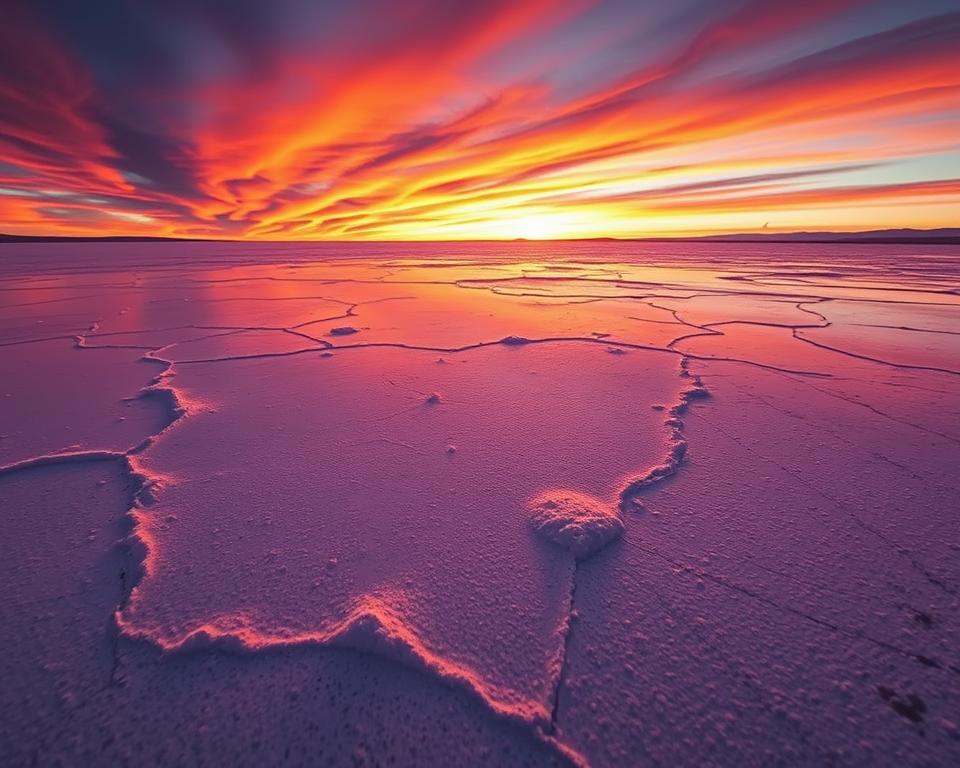 A breathtaking perspective photo of the Uyuni Salt Flat in Bolivia during the early evening golden hour. In the foreground, the glistening, mirror-like surface of the salt flat, reflecting the brilliant colors of the sky, creates an illusion of endless space. In the middle ground, small hexagonal salt formations are visible, adding texture and detail. The background showcases a dramatic sunset, with vibrant hues of oranges, pinks, and purples blending seamlessly into the horizon. A subtle play of light and shadow accentuates the vastness of the scene. Capture the mood of serenity and wonder, highlighting the unique beauty and vastness of this natural wonder, with a wide-angle view that conveys depth and perspective. The image should be devoid of any human figures, ensuring a focus solely on the landscape.
