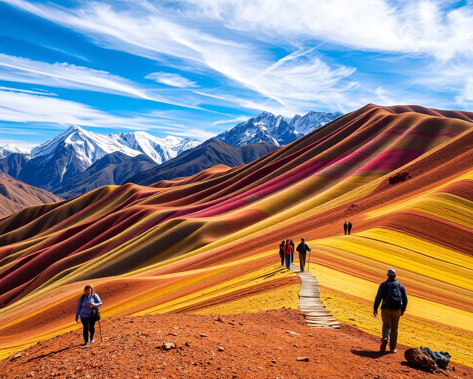 A breathtaking scene capturing Vinicunca, also known as Rainbow Mountain, in the Andes of Peru. In the foreground, vibrant rolling hills showcase a palette of colors such as reds, yellows, and greens, reflecting the unique mineral compositions. In the middle, a winding path leads hikers dressed in modest casual clothing, exploring this stunning natural wonder, with some taking photographs. The background features majestic snow-capped peaks under a bright blue sky with wispy clouds, creating a sense of serenity. The lighting is warm and inviting, casting gentle shadows that highlight the terrain's texture. The overall atmosphere conveys a sense of adventure and awe in this remote, picturesque landscape. A breathtaking scene capturing Vinicunca, also known as Rainbow Mountain, in the Andes of Peru. In the foreground, vibrant rolling hills showcase a palette of colors such as reds, yellows, and greens, reflecting the unique mineral compositions. In the middle, a winding path leads hikers dressed in modest casual clothing, exploring this stunning natural wonder, with some taking photographs. The background features majestic snow-capped peaks under a bright blue sky with wispy clouds, creating a sense of serenity. The lighting is warm and inviting, casting gentle shadows that highlight the terrain's texture. The overall atmosphere conveys a sense of adventure and awe in this remote, picturesque landscape.