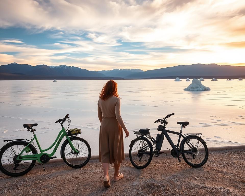 A breathtaking scene of sustainable tourism in Uyuni, Bolivia, showcasing the stunning Salar de Uyuni salt flats. In the foreground, a modestly dressed traveler is exploring the shimmering surface, reflecting the vast sky above. The midground highlights eco-friendly vehicles, such as electric bicycles, parked nearby, promoting green travel practices. In the background, the iconic mountains and the unique salt formations create an otherworldly landscape, bathed in soft, golden sunset light, enhancing the tranquil atmosphere. The image should have a warm, inviting mood, capturing the essence of responsible and respectful travel. Use a wide-angle lens for an expansive view and ensure the lighting emphasizes the natural beauty of the scene.