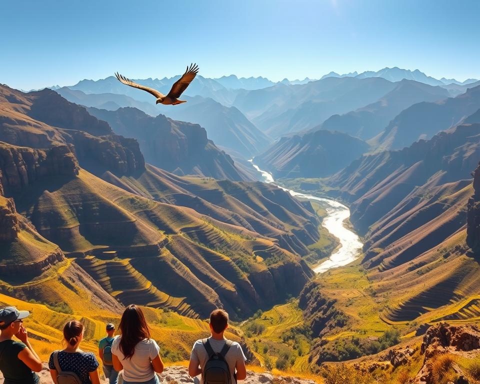 A breathtaking scene of the Colca Canyon, showcasing the incredible geological formations and lush greenery. In the foreground, a group of tourists in modest casual clothing observes the majestic Andean condors soaring above, their expansive wingspan capturing the sunlight. The middle ground features layered cliffs and terraced farmland, vividly painted in shades of green and brown, while a winding river glimmers in the sunlight. In the background, the towering Andes mountains rise majestically, their snow-capped peaks contrasting with the deep canyon below. The atmosphere is serene yet awe-inspiring, with soft, golden light from a late afternoon sun casting long shadows, evoking a sense of exploration and wonder in the heart of South America.