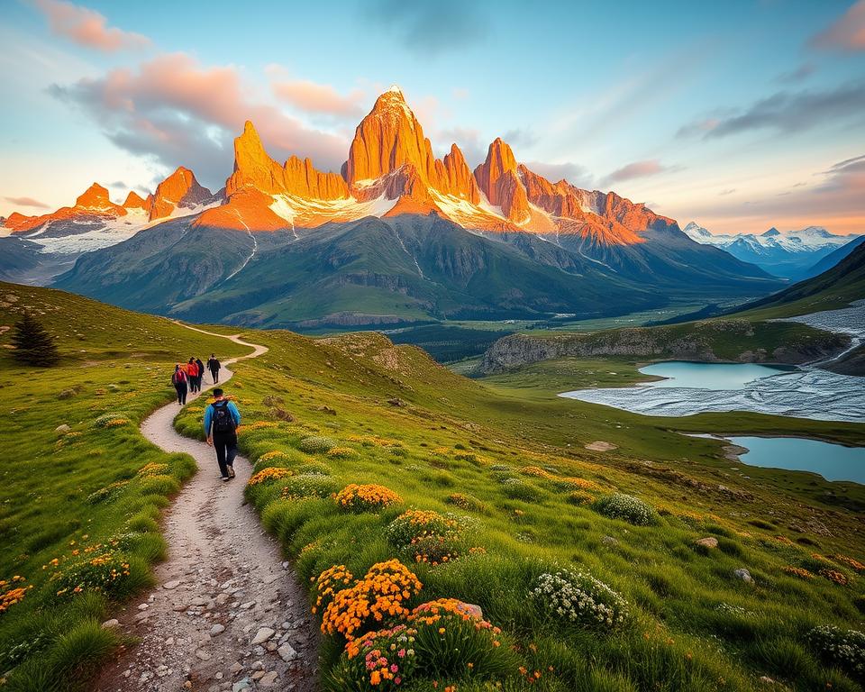 A breathtaking scene of the W Trek in Torres del Paine National Park, Chile, showcasing the iconic granite peaks of the Torres rising majestically in the background, illuminated by the warm glow of a golden sunset. In the foreground, a winding trail leads through lush green meadows dotted with vibrant wildflowers, emphasizing the beauty of the surrounding nature. To the side, a small group of hikers in modest casual clothing navigates the trail, capturing the spirit of adventure and exploration. The middle ground features glistening glacial lakes reflecting the towering peaks and dramatic sky. The atmosphere is serene yet invigorating, embodying the essence of trekking in this stunning national park. Use a wide-angle lens perspective to encompass the sweeping landscape, with soft, diffused lighting enhancing the scene's natural beauty. A breathtaking scene of the W Trek in Torres del Paine National Park, Chile, showcasing the iconic granite peaks of the Torres rising majestically in the background, illuminated by the warm glow of a golden sunset. In the foreground, a winding trail leads through lush green meadows dotted with vibrant wildflowers, emphasizing the beauty of the surrounding nature. To the side, a small group of hikers in modest casual clothing navigates the trail, capturing the spirit of adventure and exploration. The middle ground features glistening glacial lakes reflecting the towering peaks and dramatic sky. The atmosphere is serene yet invigorating, embodying the essence of trekking in this stunning national park. Use a wide-angle lens perspective to encompass the sweeping landscape, with soft, diffused lighting enhancing the scene's natural beauty.