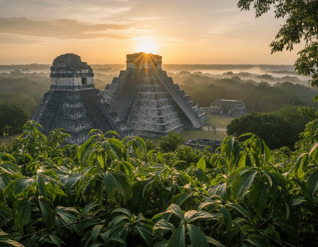 A breathtaking sunrise over the ancient pyramids of Tikal, Guatemala, captured from a low angle perspective. In the foreground, lush green jungle foliage frames the scene, with dew-covered leaves glistening in the early morning light. The middle ground features the iconic stepped pyramids of Tikal, bathed in warm golden and soft orange hues as the sun rises behind them, illuminating the stone structures. In the background, the dense jungle stretches out, creating a sense of depth and wilderness, with hints of mist swirling through the trees. The atmosphere is serene and mystical, evoking a sense of ancient history and the beauty of nature. Use soft, diffused lighting to enhance the tranquil mood of the scene, showcasing the grandeur of this Mayan city. A breathtaking sunrise over the ancient pyramids of Tikal, Guatemala, captured from a low angle perspective. In the foreground, lush green jungle foliage frames the scene, with dew-covered leaves glistening in the early morning light. The middle ground features the iconic stepped pyramids of Tikal, bathed in warm golden and soft orange hues as the sun rises behind them, illuminating the stone structures. In the background, the dense jungle stretches out, creating a sense of depth and wilderness, with hints of mist swirling through the trees. The atmosphere is serene and mystical, evoking a sense of ancient history and the beauty of nature. Use soft, diffused lighting to enhance the tranquil mood of the scene, showcasing the grandeur of this Mayan city.
