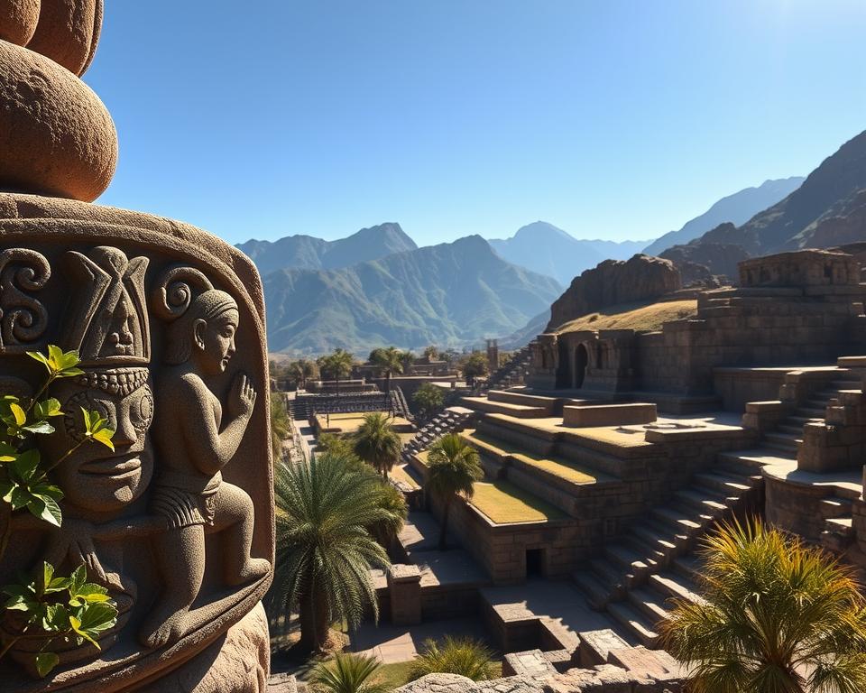 A breathtaking view of Chavín de Huántar, showcasing its intricate stone carvings and architectural grandeur. In the foreground, focus on a detailed relief sculpture featuring a Chavín deity, surrounded by lush green foliage typical of the Peruvian Andes. The middle ground reveals the impressive stone structures of the ancient religious center, with ceremonial plazas and well-crafted stone walls. In the background, majestic Andean mountains climb into a clear blue sky, bathed in warm golden sunlight that casts soft shadows, enhancing the textures of the stones. The mood is serene and reverent, evoking a sense of ancient spirituality and cultural legacy. Capture the scene from a slightly elevated angle to provide depth and perspective, emphasizing the scale of this archaeological wonder. A breathtaking view of Chavín de Huántar, showcasing its intricate stone carvings and architectural grandeur. In the foreground, focus on a detailed relief sculpture featuring a Chavín deity, surrounded by lush green foliage typical of the Peruvian Andes. The middle ground reveals the impressive stone structures of the ancient religious center, with ceremonial plazas and well-crafted stone walls. In the background, majestic Andean mountains climb into a clear blue sky, bathed in warm golden sunlight that casts soft shadows, enhancing the textures of the stones. The mood is serene and reverent, evoking a sense of ancient spirituality and cultural legacy. Capture the scene from a slightly elevated angle to provide depth and perspective, emphasizing the scale of this archaeological wonder.