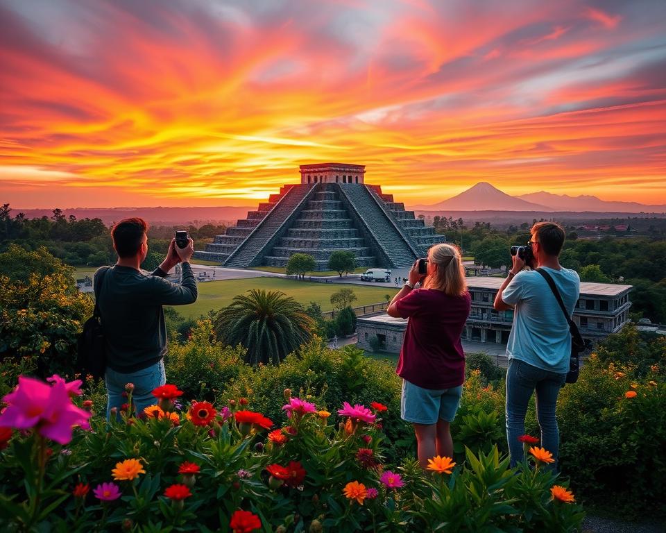 A breathtaking view of Cholula's Great Pyramid at sunset, surrounded by lush greenery and vibrant flowers in the foreground. Capture a few photographers in modest casual attire, focusing on taking pictures with DSLRs, showcasing the fascination and wonder of the landscape. In the middle ground, the pyramid stands majestically, its ancient stones illuminated by the warm glows of the setting sun, casting long shadows. The background features the distant Popocatépetl volcano silhouetted against a vivid orange and pink sky, adding a dramatic element to the scene. Employ a wide-angle lens to convey the grandeur of the location, while maintaining a sense of serenity and awe, evoking curiosity about this hidden gem in Cholula. A breathtaking view of Cholula's Great Pyramid at sunset, surrounded by lush greenery and vibrant flowers in the foreground. Capture a few photographers in modest casual attire, focusing on taking pictures with DSLRs, showcasing the fascination and wonder of the landscape. In the middle ground, the pyramid stands majestically, its ancient stones illuminated by the warm glows of the setting sun, casting long shadows. The background features the distant Popocatépetl volcano silhouetted against a vivid orange and pink sky, adding a dramatic element to the scene. Employ a wide-angle lens to convey the grandeur of the location, while maintaining a sense of serenity and awe, evoking curiosity about this hidden gem in Cholula.