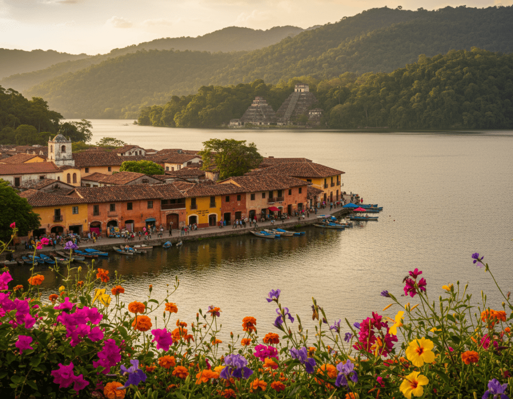 A breathtaking view of Flores, Guatemala, showcasing its charming colonial architecture nestled by the shimmering waters of Lake Petén Itzá. In the foreground, vibrant local flowers in a rainbow of colors sway gently in the breeze. The middle ground features the iconic red and yellow buildings of Flores, with people dressed in modest casual clothing exploring the streets. In the background, lush green hills rise, dotted with ancient Mayan ruins peeking through the dense jungle canopy. The scene is bathed in warm golden sunlight, casting soft shadows that evoke a serene atmosphere. Use a wide-angle lens perspective to capture the beauty of this picturesque destination, focusing on both the vibrant details and the stunning natural surroundings. A breathtaking view of Flores, Guatemala, showcasing its charming colonial architecture nestled by the shimmering waters of Lake Petén Itzá. In the foreground, vibrant local flowers in a rainbow of colors sway gently in the breeze. The middle ground features the iconic red and yellow buildings of Flores, with people dressed in modest casual clothing exploring the streets. In the background, lush green hills rise, dotted with ancient Mayan ruins peeking through the dense jungle canopy. The scene is bathed in warm golden sunlight, casting soft shadows that evoke a serene atmosphere. Use a wide-angle lens perspective to capture the beauty of this picturesque destination, focusing on both the vibrant details and the stunning natural surroundings.