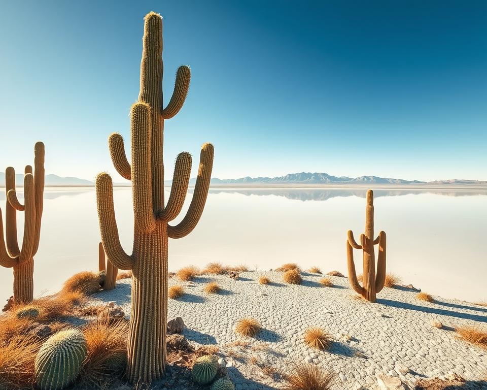 A breathtaking view of Incahuasi Island, featuring the iconic giant cacti towering in the foreground, their thick trunks and spiky arms reaching towards a vast, cerulean sky. The middle ground reveals the surreal, endless expanse of the Uyuni Salt Flats, reflecting the light and creating a mirror effect that blurs the line between earth and sky. In the background, distant mountains provide a soft contrast to the flat landscape, their subtle hues adding depth. The scene is bathed in warm golden sunlight, casting long shadows and emphasizing the textures of the salt hexagons. The atmosphere is serene and magical, inviting viewers to immerse themselves in this otherworldly landscape, showcasing nature's beauty and tranquility. The angle captures a wide perspective, enhancing the feeling of openness and freedom.