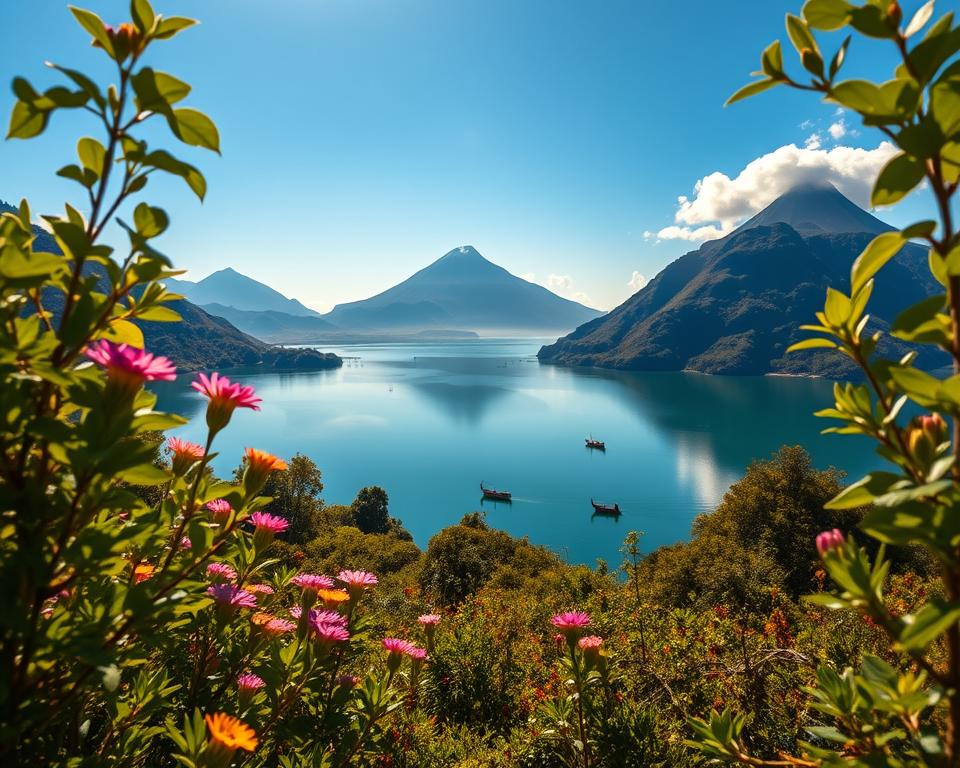 A breathtaking view of Lago Atitlán during the best travel season, showcasing the stunning interplay of light and nature. In the foreground, lush green foliage frames the scene, with wildflowers blooming in vibrant colors. The middle ground highlights the serene lake reflecting the clear blue sky, while traditional wooden boats gently float on the water. In the background, majestic volcanoes rise dramatically, their peaks capped with wisps of clouds. The scene is bathed in golden hour sunlight, casting warm tones and creating long, soft shadows. Capture this landscape with a wide-angle lens to emphasize depth and perspective, evoking a tranquil and enchanting atmosphere that beckons travelers to explore Guatemala's natural beauty. A breathtaking view of Lago Atitlán during the best travel season, showcasing the stunning interplay of light and nature. In the foreground, lush green foliage frames the scene, with wildflowers blooming in vibrant colors. The middle ground highlights the serene lake reflecting the clear blue sky, while traditional wooden boats gently float on the water. In the background, majestic volcanoes rise dramatically, their peaks capped with wisps of clouds. The scene is bathed in golden hour sunlight, casting warm tones and creating long, soft shadows. Capture this landscape with a wide-angle lens to emphasize depth and perspective, evoking a tranquil and enchanting atmosphere that beckons travelers to explore Guatemala's natural beauty.
