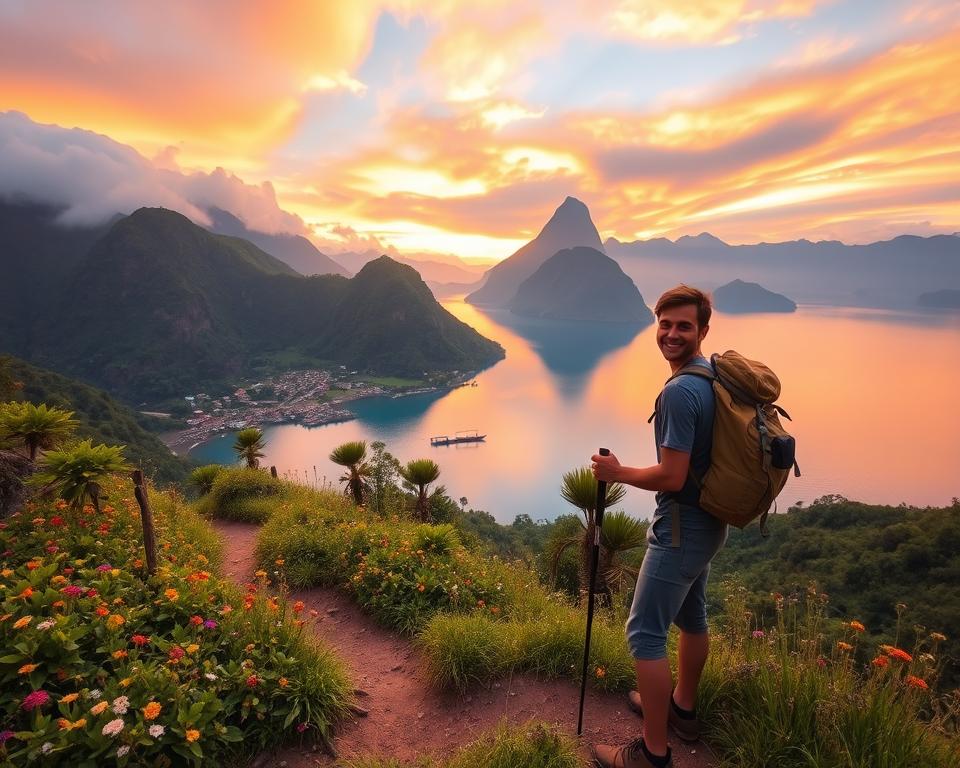 A breathtaking view of Lago Atitlán in Guatemala during a vibrant sunset. In the foreground, a narrow hiking trail winds through lush greenery, dotted with colorful wildflowers. A friendly hiker in modest casual clothing pauses to admire the view, holding a hiking pole. In the middle ground, local villagers can be seen navigating their traditional wooden boats on the tranquil waters. The background features majestic, steep volcanic mountains rising dramatically, partially shrouded in mist. The sky is filled with a warm, golden light, cascading down onto the serene lake, enhancing the tranquil and adventurous mood of the scene. Use a wide-angle lens to capture the expansive beauty of the landscape, with a focus on both the hiker and the stunning natural surroundings. A breathtaking view of Lago Atitlán in Guatemala during a vibrant sunset. In the foreground, a narrow hiking trail winds through lush greenery, dotted with colorful wildflowers. A friendly hiker in modest casual clothing pauses to admire the view, holding a hiking pole. In the middle ground, local villagers can be seen navigating their traditional wooden boats on the tranquil waters. The background features majestic, steep volcanic mountains rising dramatically, partially shrouded in mist. The sky is filled with a warm, golden light, cascading down onto the serene lake, enhancing the tranquil and adventurous mood of the scene. Use a wide-angle lens to capture the expansive beauty of the landscape, with a focus on both the hiker and the stunning natural surroundings.
