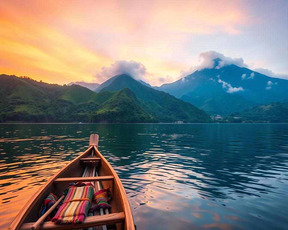 A breathtaking view of Lago Atitlán in Guatemala during sunrise, showcasing its serene waters reflecting the vibrant colors of dawn. In the foreground, a traditional wooden canoe gently floats on the lake, adorned with colorful local textiles. The middle ground features lush green hills and volcanic mountains that rise majestically in the background, partially shrouded in soft morning mist. The sky is painted with hues of orange, pink, and lavender, creating a tranquil yet inspiring atmosphere. The composition captures a sense of adventure and exploration, inviting viewers to imagine a perfect travel itinerary for 3, 5, or 7 days. The image is well-lit, with a warm, soft focus that enhances the natural beauty of the region, evoking feelings of peace and wonder. A breathtaking view of Lago Atitlán in Guatemala during sunrise, showcasing its serene waters reflecting the vibrant colors of dawn. In the foreground, a traditional wooden canoe gently floats on the lake, adorned with colorful local textiles. The middle ground features lush green hills and volcanic mountains that rise majestically in the background, partially shrouded in soft morning mist. The sky is painted with hues of orange, pink, and lavender, creating a tranquil yet inspiring atmosphere. The composition captures a sense of adventure and exploration, inviting viewers to imagine a perfect travel itinerary for 3, 5, or 7 days. The image is well-lit, with a warm, soft focus that enhances the natural beauty of the region, evoking feelings of peace and wonder.