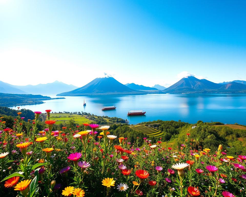 A breathtaking view of Lago Atitlán in Guatemala, showcasing its stunning natural beauty. In the foreground, vibrant wildflowers bloom along the shores, setting a colorful scene. The middle ground features the tranquil lake reflecting the sky, surrounded by lush green hills. Three majestic volcanoes rise in the background, their peaks capped with clouds under a clear blue sky. Soft sunlight bathes the landscape, casting a warm glow that enhances the vivid colors. A few traditional wooden boats glide peacefully across the water, adding a touch of local culture. The overall mood is serene and inviting, capturing the essence of this magical destination. The composition is framed with a wide-angle perspective, emphasizing the expansive beauty of Lago Atitlán. A breathtaking view of Lago Atitlán in Guatemala, showcasing its stunning natural beauty. In the foreground, vibrant wildflowers bloom along the shores, setting a colorful scene. The middle ground features the tranquil lake reflecting the sky, surrounded by lush green hills. Three majestic volcanoes rise in the background, their peaks capped with clouds under a clear blue sky. Soft sunlight bathes the landscape, casting a warm glow that enhances the vivid colors. A few traditional wooden boats glide peacefully across the water, adding a touch of local culture. The overall mood is serene and inviting, capturing the essence of this magical destination. The composition is framed with a wide-angle perspective, emphasizing the expansive beauty of Lago Atitlán.