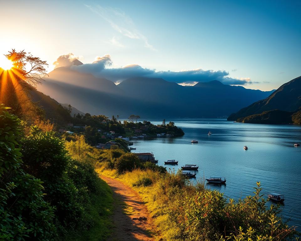 A breathtaking view of Lago Atitlán, showcasing its serene beauty during the golden hour just before sunset. In the foreground, a narrow path lined with lush greenery leads towards the shimmering lake. The middle ground reveals local boats gently bobbing in the water, with a small village of colorful houses nestled among the hills. In the background, majestic volcanic mountains rise dramatically, their peaks partially shrouded in clouds. The warm light bathes the scene, creating a tranquil and inviting atmosphere. Use a wide-angle lens to capture the expansive vista, emphasizing the stunning reflections on the lake's surface. The overall mood is peaceful and enchanting, inviting viewers to explore the magical surroundings of Lago Atitlán. A breathtaking view of Lago Atitlán, showcasing its serene beauty during the golden hour just before sunset. In the foreground, a narrow path lined with lush greenery leads towards the shimmering lake. The middle ground reveals local boats gently bobbing in the water, with a small village of colorful houses nestled among the hills. In the background, majestic volcanic mountains rise dramatically, their peaks partially shrouded in clouds. The warm light bathes the scene, creating a tranquil and inviting atmosphere. Use a wide-angle lens to capture the expansive vista, emphasizing the stunning reflections on the lake's surface. The overall mood is peaceful and enchanting, inviting viewers to explore the magical surroundings of Lago Atitlán.