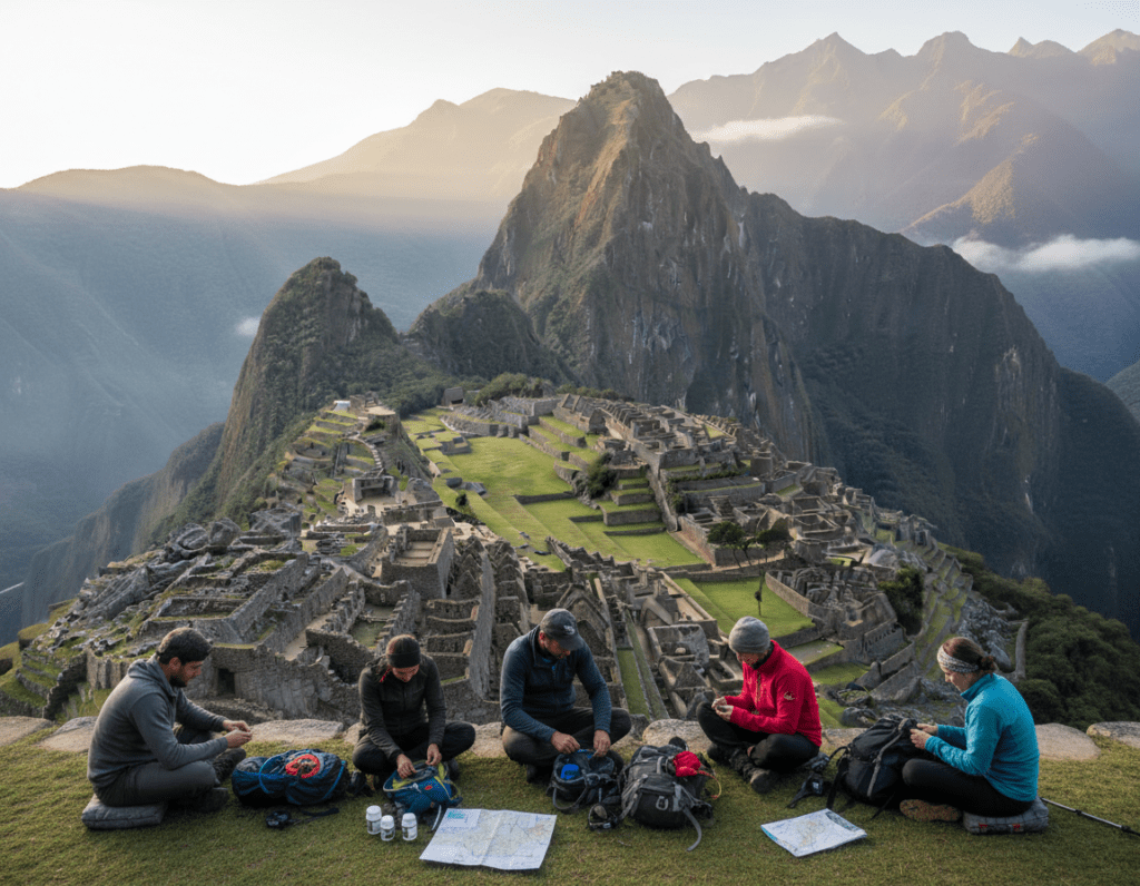 A breathtaking view of Machu Picchu at sunrise, showcasing the ancient Inca citadel surrounded by lush green mountains. In the foreground, a group of travelers, dressed in modest casual clothing, are seated on the ground, preparing their gear with hydration packs, altitude medications, and informal maps spread out. The middle ground features the iconic stone structures of Machu Picchu, partially shrouded in morning mist, highlighting intricate details of the architecture. In the background, the sun gently illuminates the peaks, casting soft rays of light that create a warm, inviting atmosphere. The overall mood is adventurous yet serene, capturing the essence of preparation for a trek at high altitude while emphasizing safety and awareness.
