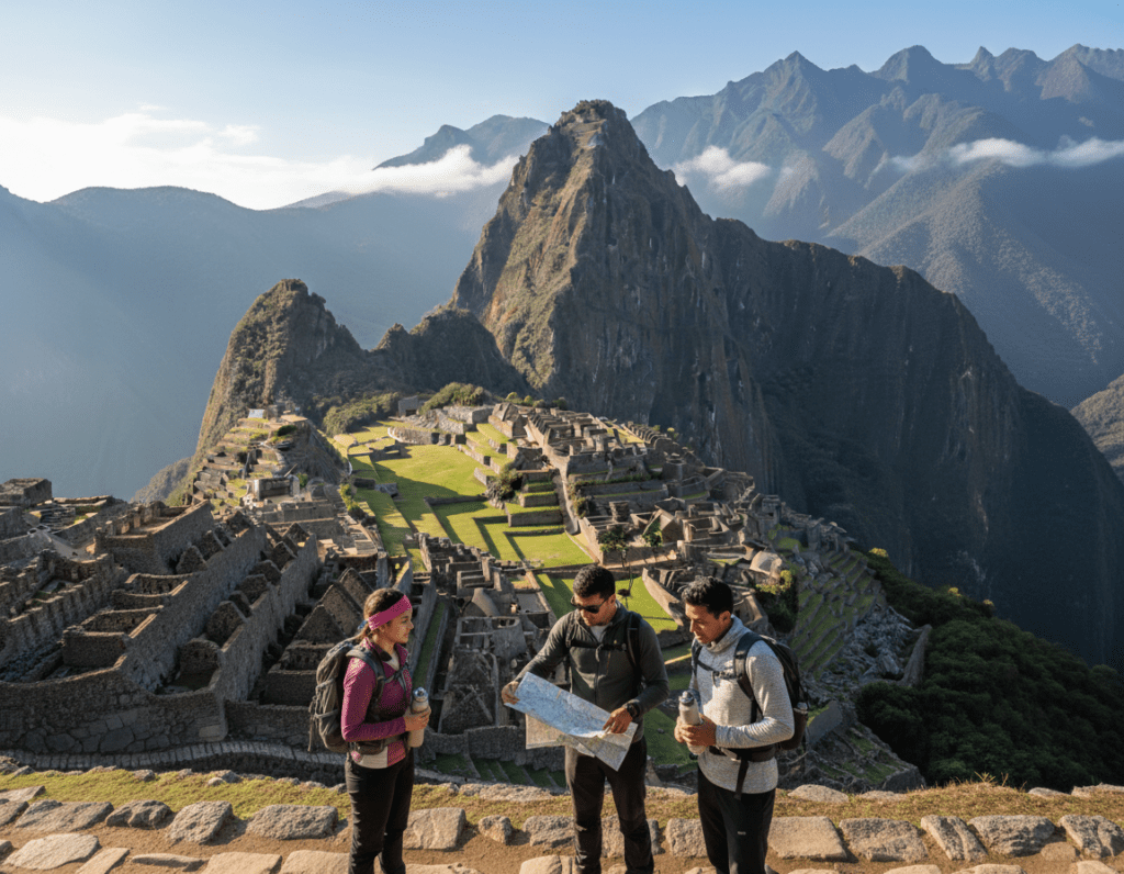 A breathtaking view of Machu Picchu, capturing the ancient ruins set against the majestic Andes mountains. In the foreground, a small group of well-dressed hikers in professional attire are acclimatizing, holding water bottles and looking at a map, exuding a sense of preparation and adventure. The middle ground shows lush greenery and terraced fields leading to the iconic stone structures bathed in soft, warm sunlight. The background features a clear blue sky with wispy clouds, emphasizing the elevation and tranquility of the location. The atmosphere is serene yet invigorating, suggesting the importance of acclimatization. The angle is slightly elevated, showcasing the full panorama of Machu Picchu and its stunning landscape.