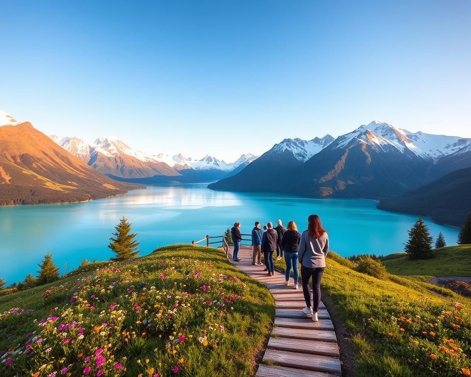 A breathtaking view of Nahuel Huapi Lake in Argentina, showcasing its vibrant turquoise waters surrounded by majestic snow-capped mountains. In the foreground, a lush green landscape dotted with colorful wildflowers. A winding scenic pathway leads into the middle ground where a wooden viewing platform offers an ideal spot for photography, with people dressed in modest casual clothing admiring the view. The background features dramatic peaks rising against a clear blue sky, reflecting the golden hues of a late afternoon sun. Soft, diffused lighting enhances the warm atmosphere, creating an inviting and serene mood, perfect for capturing unforgettable memories. A breathtaking view of Nahuel Huapi Lake in Argentina, showcasing its vibrant turquoise waters surrounded by majestic snow-capped mountains. In the foreground, a lush green landscape dotted with colorful wildflowers. A winding scenic pathway leads into the middle ground where a wooden viewing platform offers an ideal spot for photography, with people dressed in modest casual clothing admiring the view. The background features dramatic peaks rising against a clear blue sky, reflecting the golden hues of a late afternoon sun. Soft, diffused lighting enhances the warm atmosphere, creating an inviting and serene mood, perfect for capturing unforgettable memories.