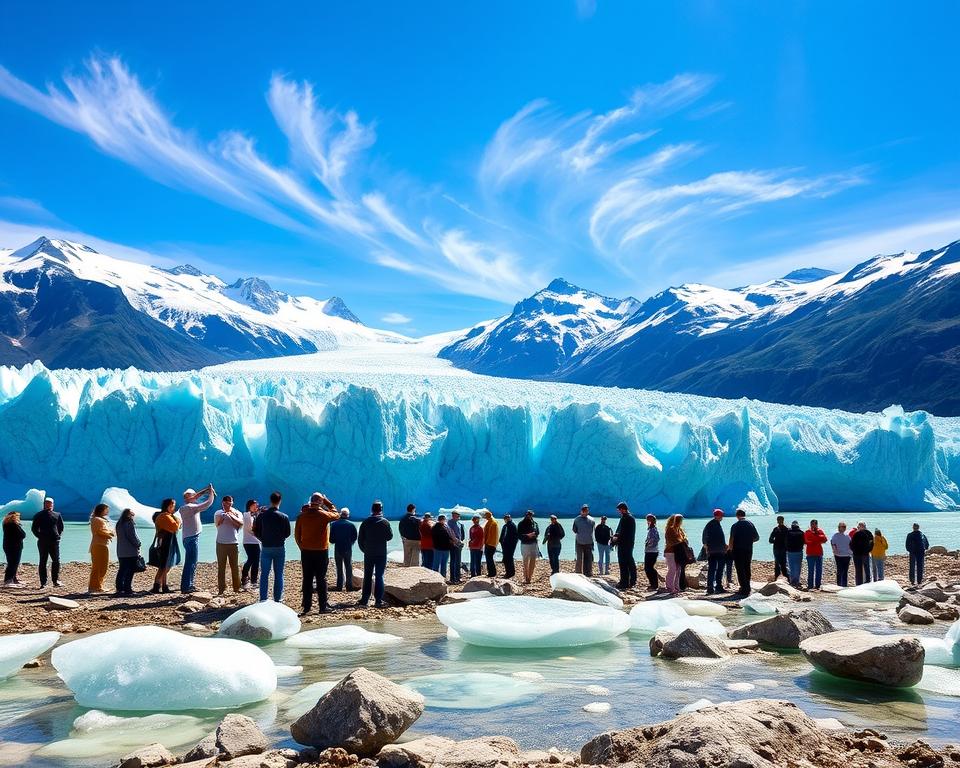 A breathtaking view of Perito Moreno Glacier in Argentina, showcasing the massive ice formations and deep blue ice crevasses. In the foreground, melted icebergs sit atop shimmering turquoise waters, reflecting sunlight. The middle ground features a diverse group of tourists, dressed in modest casual clothing, admiring the glacier's grandeur, some taking photos. The background displays towering Andes mountains dusted with snow, under a clear blue sky with wispy clouds, enhancing the natural beauty. The scene is illuminated by bright, natural daylight, casting vivid shadows that emphasize the textures of the ice and rock. The overall mood is one of awe and tranquility, capturing the essence of adventure and exploration in a natural wonder. A breathtaking view of Perito Moreno Glacier in Argentina, showcasing the massive ice formations and deep blue ice crevasses. In the foreground, melted icebergs sit atop shimmering turquoise waters, reflecting sunlight. The middle ground features a diverse group of tourists, dressed in modest casual clothing, admiring the glacier's grandeur, some taking photos. The background displays towering Andes mountains dusted with snow, under a clear blue sky with wispy clouds, enhancing the natural beauty. The scene is illuminated by bright, natural daylight, casting vivid shadows that emphasize the textures of the ice and rock. The overall mood is one of awe and tranquility, capturing the essence of adventure and exploration in a natural wonder.