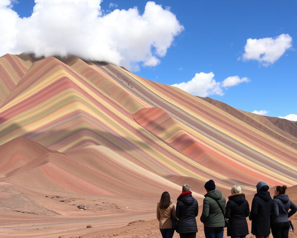 A breathtaking view of Rainbow Mountain, also known as Vinicunca, showcasing its vibrant, multi-colored stripes that resemble a natural rainbow. In the foreground, a small group of eco-conscious travelers wearing modest, professional clothing appreciates the stunning landscape. The middle ground features the undulating hills and rich textures of the mountain's colors from deep reds to vibrant yellows and greens. In the background, a clear blue sky adorned with fluffy white clouds enhances the serene atmosphere. Soft, natural lighting highlights the colors of the mountain, and the angle is slightly elevated to capture the majestic expanse of this breathtaking natural wonder. The overall mood is one of tranquility and connection with nature, emphasizing responsible travel practices. A breathtaking view of Rainbow Mountain, also known as Vinicunca, showcasing its vibrant, multi-colored stripes that resemble a natural rainbow. In the foreground, a small group of eco-conscious travelers wearing modest, professional clothing appreciates the stunning landscape. The middle ground features the undulating hills and rich textures of the mountain's colors from deep reds to vibrant yellows and greens. In the background, a clear blue sky adorned with fluffy white clouds enhances the serene atmosphere. Soft, natural lighting highlights the colors of the mountain, and the angle is slightly elevated to capture the majestic expanse of this breathtaking natural wonder. The overall mood is one of tranquility and connection with nature, emphasizing responsible travel practices.
