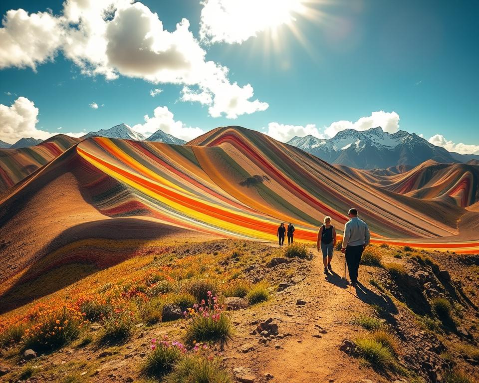 A breathtaking view of Rainbow Mountain, also known as Vinicunca, situated in the Andes of Peru. In the foreground, showcase a winding, rugged hiking path surrounded by vibrant wildflowers and patches of green grass. The middle ground features the iconic, colorful stripes of the mountain, glowing in hues of red, orange, yellow, green, and blue under the bright sunlight, while a few hikers in casual, modest clothing are captured admiring the view. The background portrays the majestic, snow-capped peaks of the Andes, with fluffy white clouds softly rolling through the sky. The golden sunlight bathes the scene in warmth, creating a serene and inviting atmosphere, emphasizing the surreal beauty and allure of this natural wonder. Capture the scene with a wide-angle lens to accentuate the expanse of the mountain and its surroundings. A breathtaking view of Rainbow Mountain, also known as Vinicunca, situated in the Andes of Peru. In the foreground, showcase a winding, rugged hiking path surrounded by vibrant wildflowers and patches of green grass. The middle ground features the iconic, colorful stripes of the mountain, glowing in hues of red, orange, yellow, green, and blue under the bright sunlight, while a few hikers in casual, modest clothing are captured admiring the view. The background portrays the majestic, snow-capped peaks of the Andes, with fluffy white clouds softly rolling through the sky. The golden sunlight bathes the scene in warmth, creating a serene and inviting atmosphere, emphasizing the surreal beauty and allure of this natural wonder. Capture the scene with a wide-angle lens to accentuate the expanse of the mountain and its surroundings.